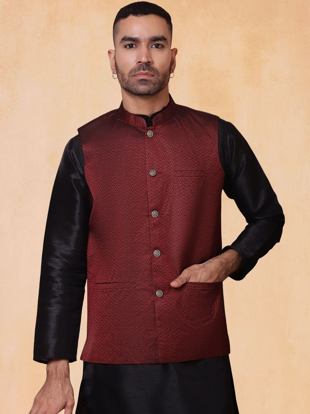 Jompers Woven Design Mandarin Collar Nehru Jacket-picture-10
