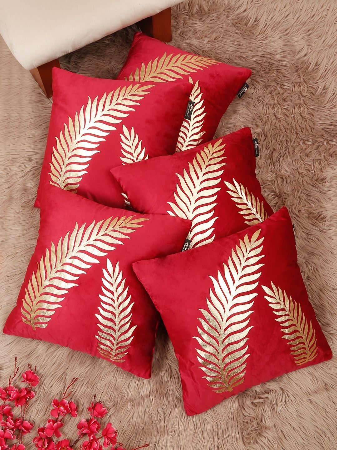 HOSTA HOMES Red & Gold-Toned Set of 5 Floral Velvet Square Cushion Covers-picture-10