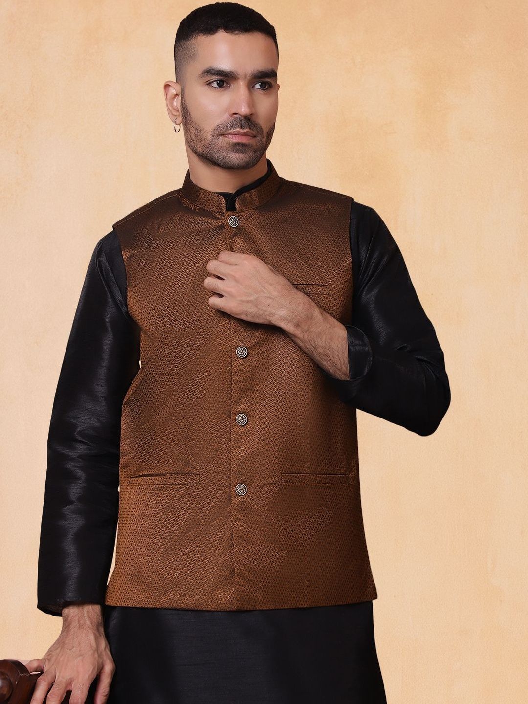 Jompers Woven Design Mandarin Collar Nehru Jacket-picture-24