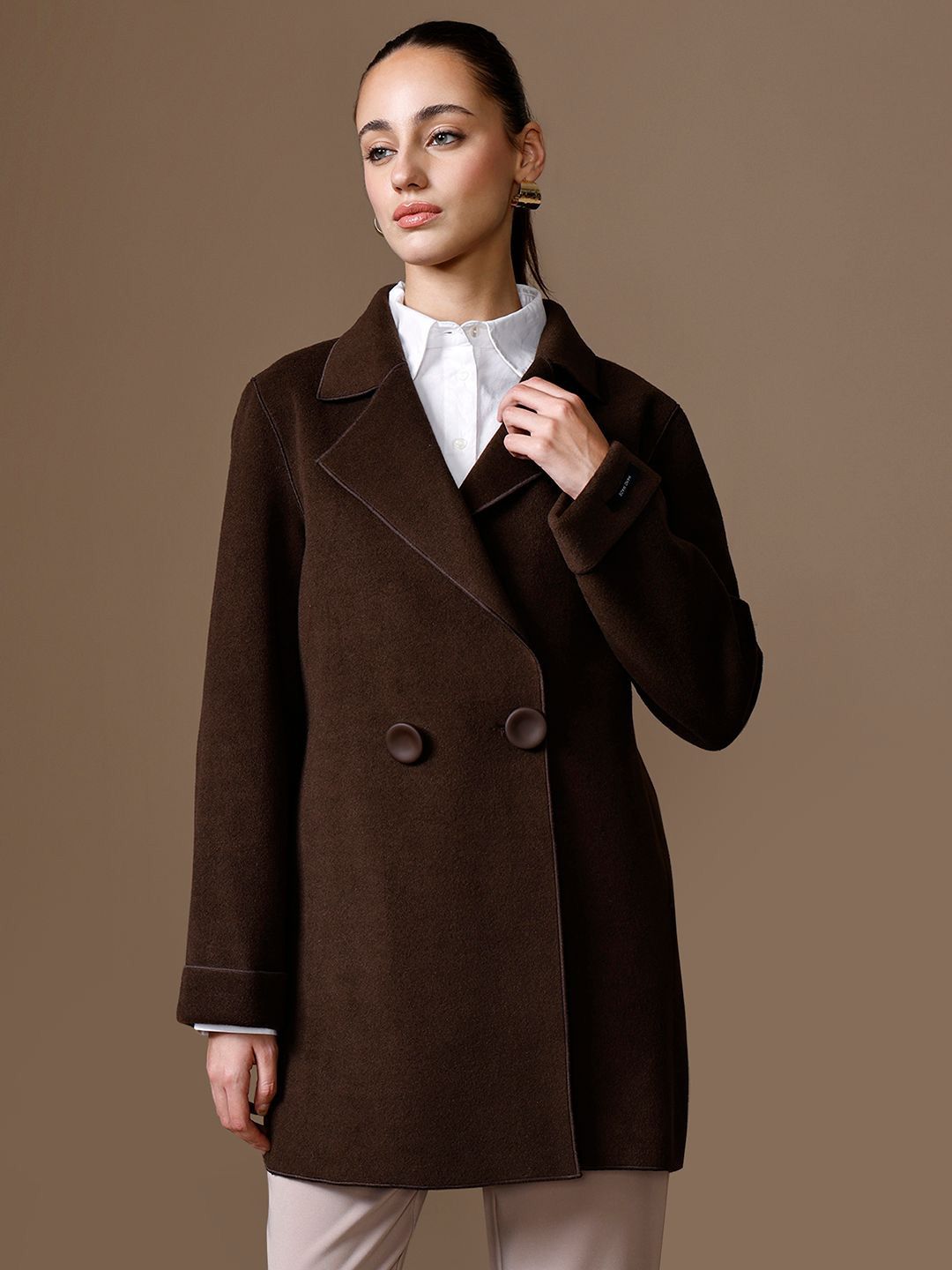 Kazo Women Solid Notched Lapel Double-Breasted Overcoat-picture-32