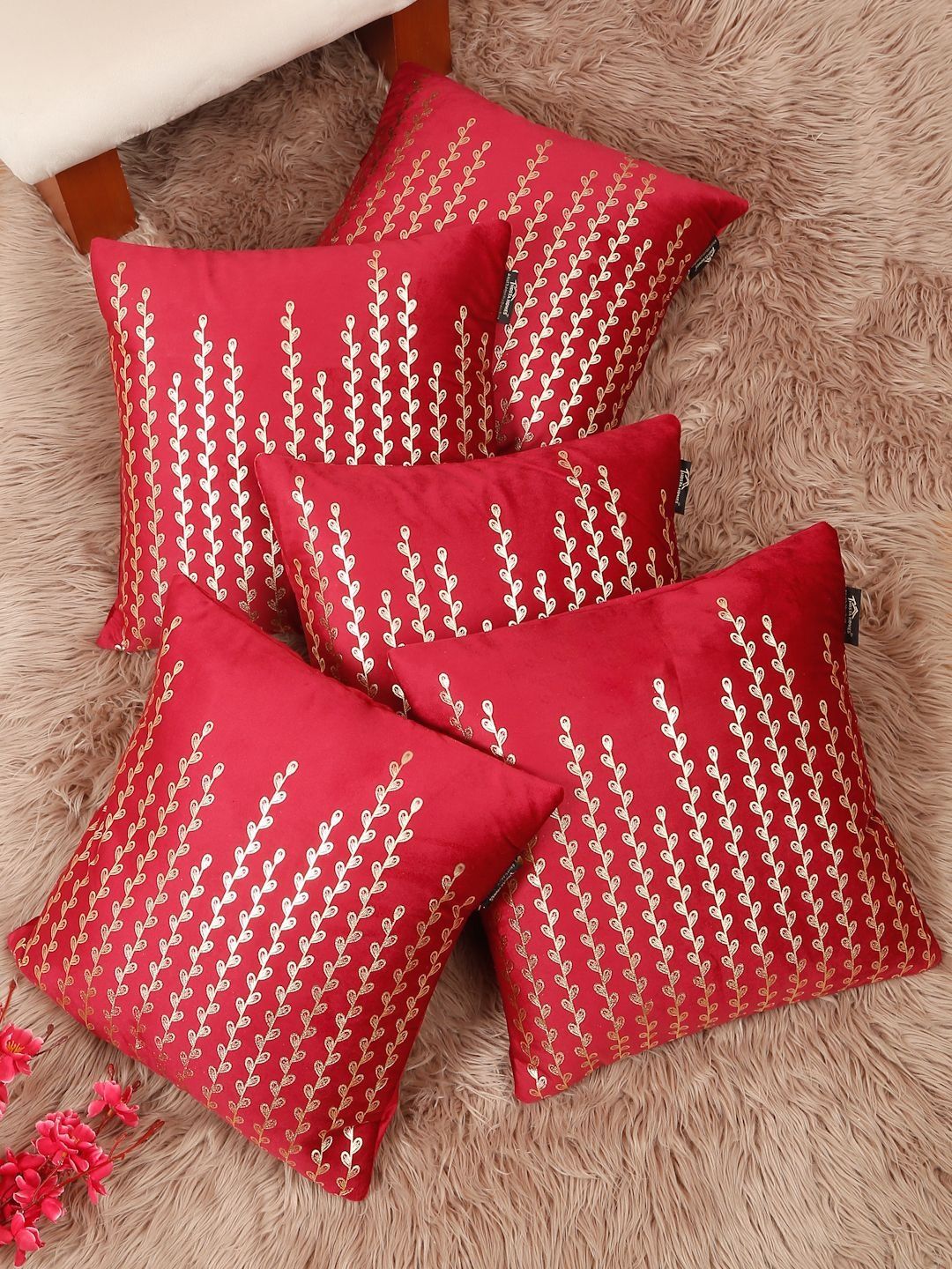 HOSTA HOMES Red & Gold-Toned Set of 5 Floral Velvet Square Cushion Covers-picture-13