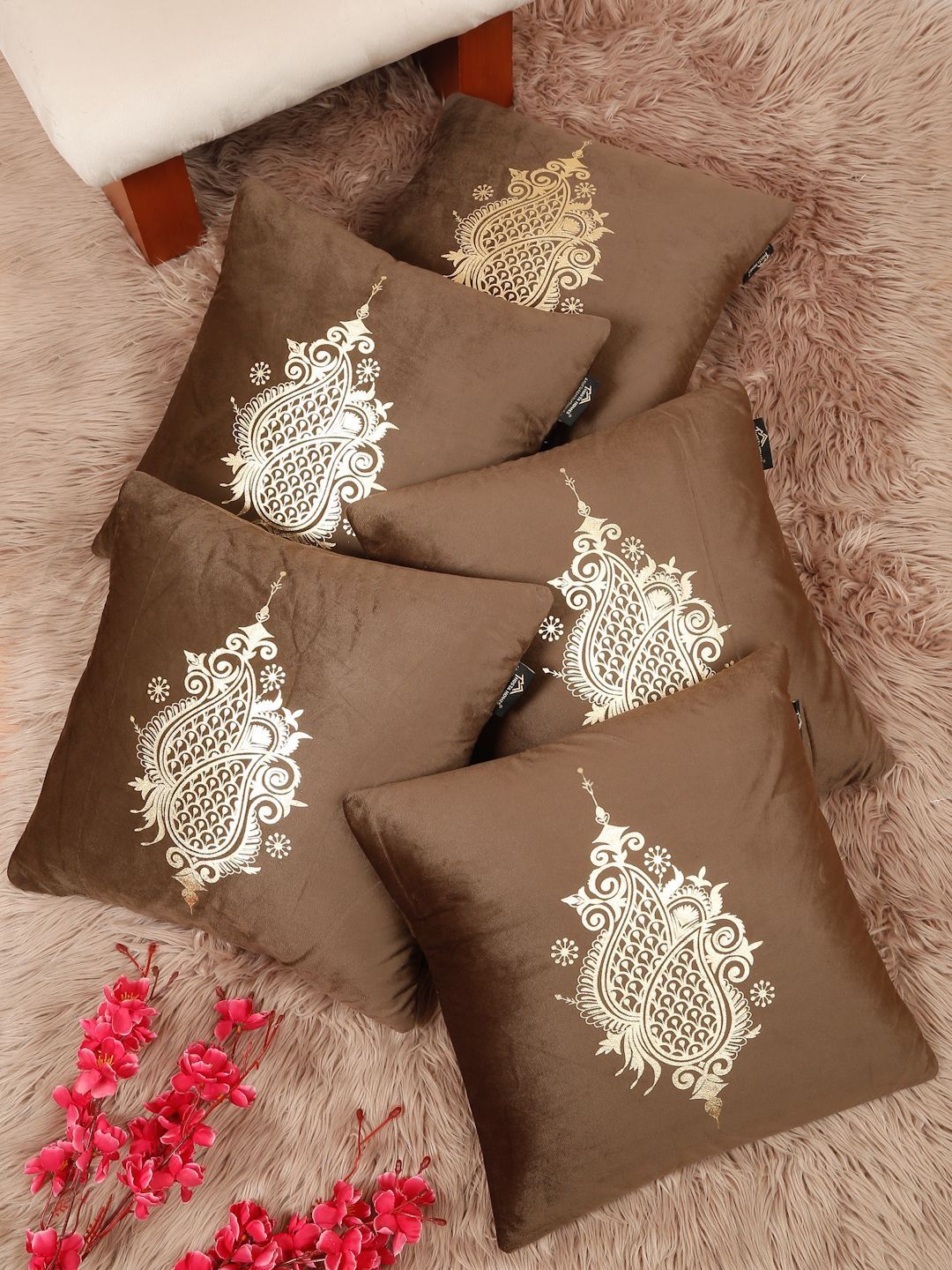 HOSTA HOMES Brown & Gold-Toned Set of 5 Ethnic Motifs Velvet Square Cushion Covers-picture-29