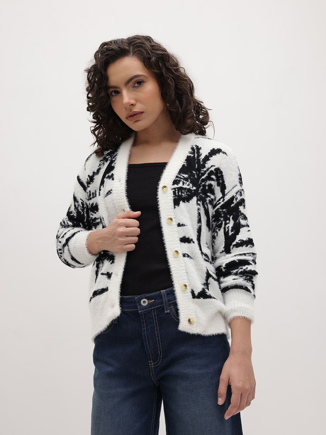 The Roadster Life Co. Tropical Self Design V-Neck Cardigan With Faux Fur Detail-picture-25