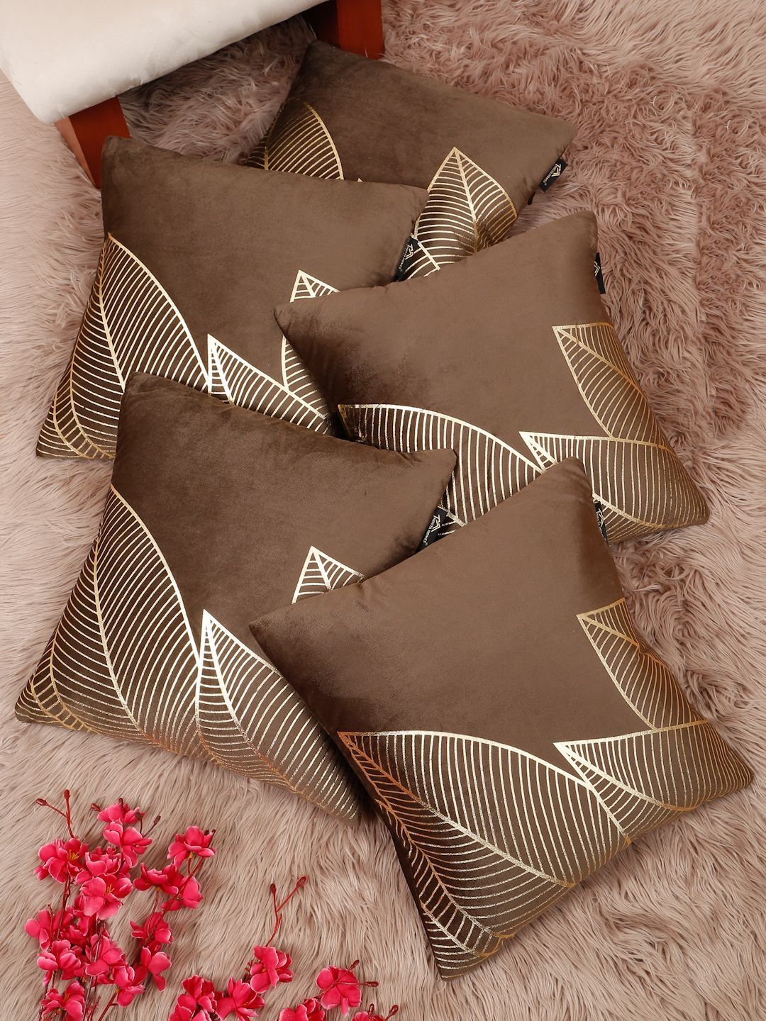 HOSTA HOMES Brown & Gold-Toned Set of 5 Floral Velvet Square Cushion Covers-picture-32