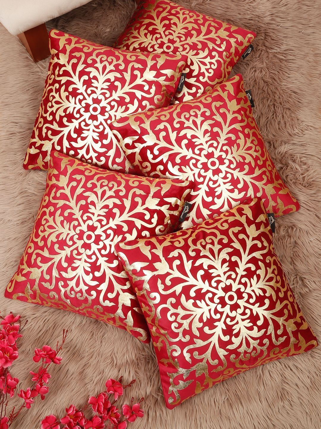HOSTA HOMES Red & Gold-Toned Set of 5 Ethnic Motifs Velvet Square Cushion Covers-picture-34