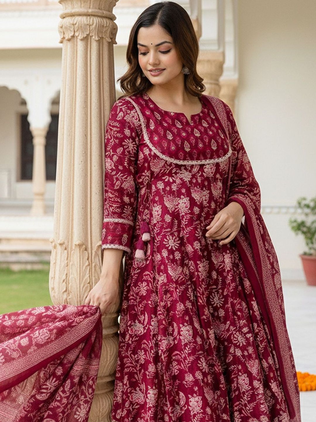 Indo Era Floral Printed Panelled Pure Cotton Kurta With Trousers & Dupatta-picture-10