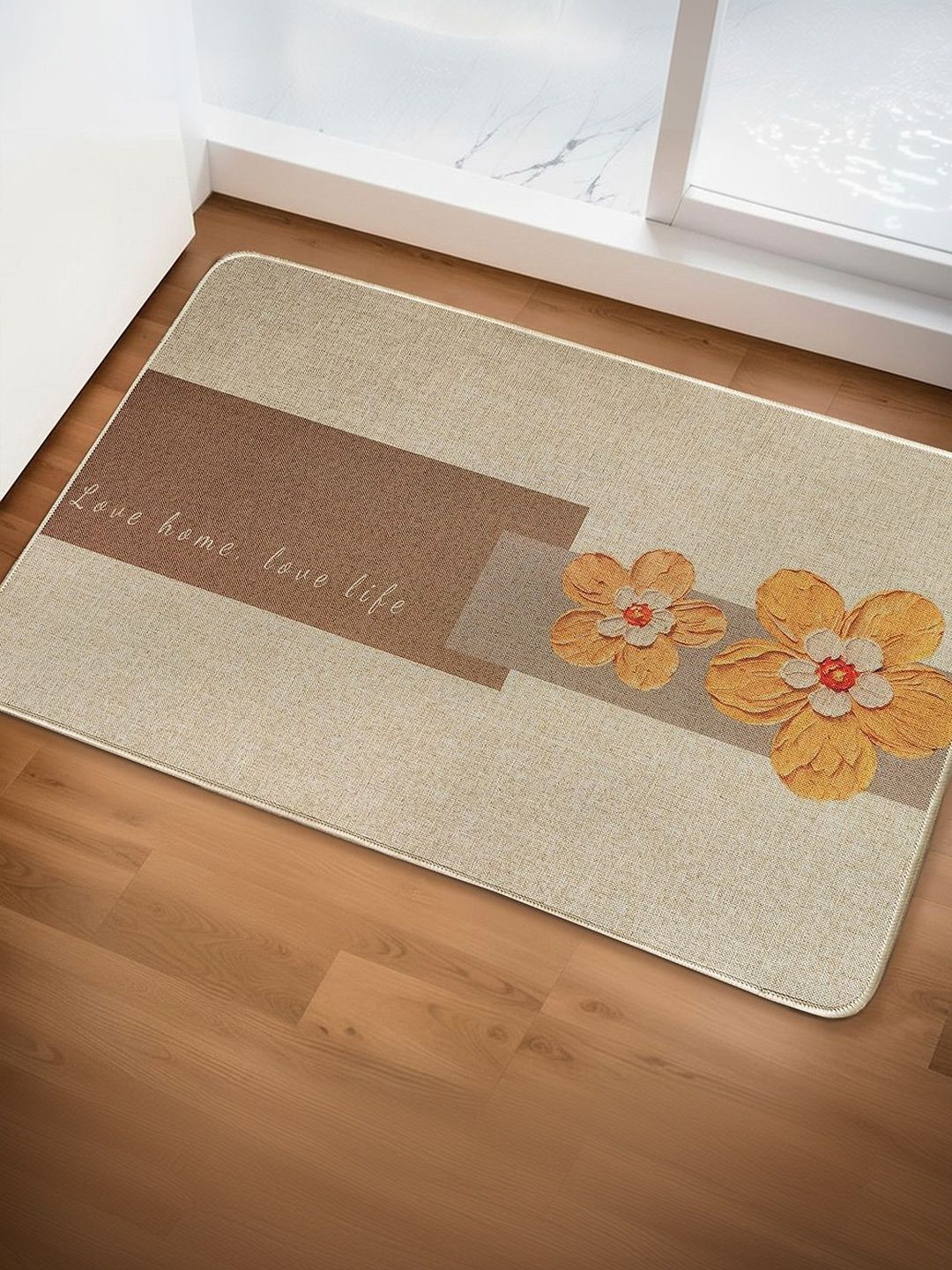 Yellow Weaves Beige & Yellow Printed Anti-Slip Super-Absorbent 300-GSM Bath Rug-picture-0
