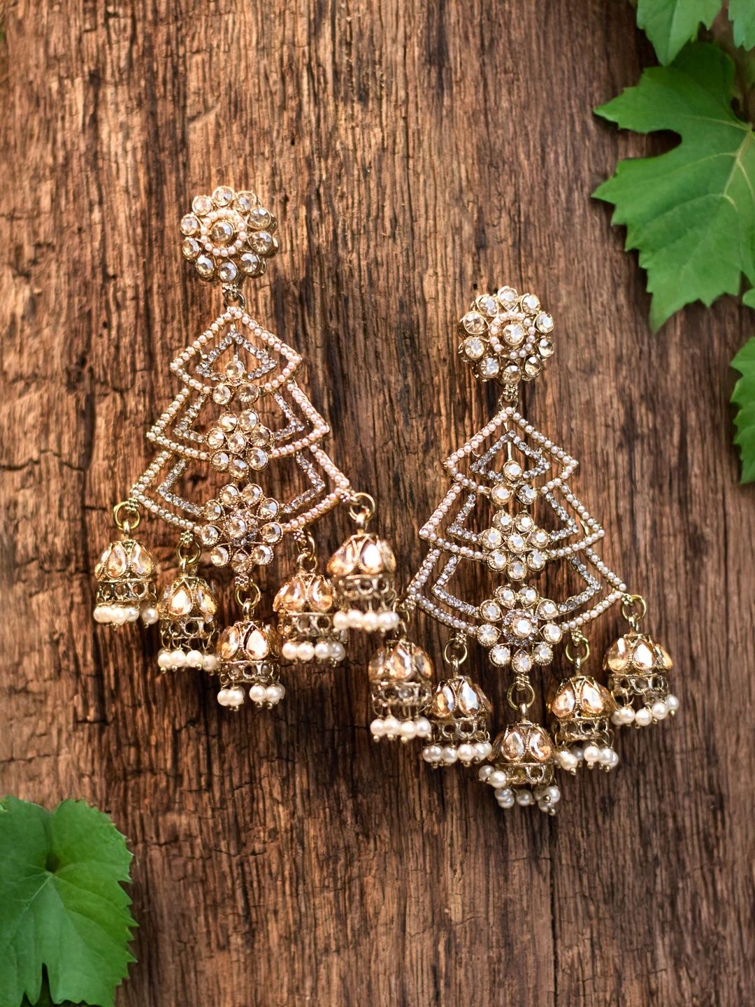 zarmar fashion Gold-Plated Artificial Stones Studded & Beaded Dome Shaped Jhumkas-picture-10