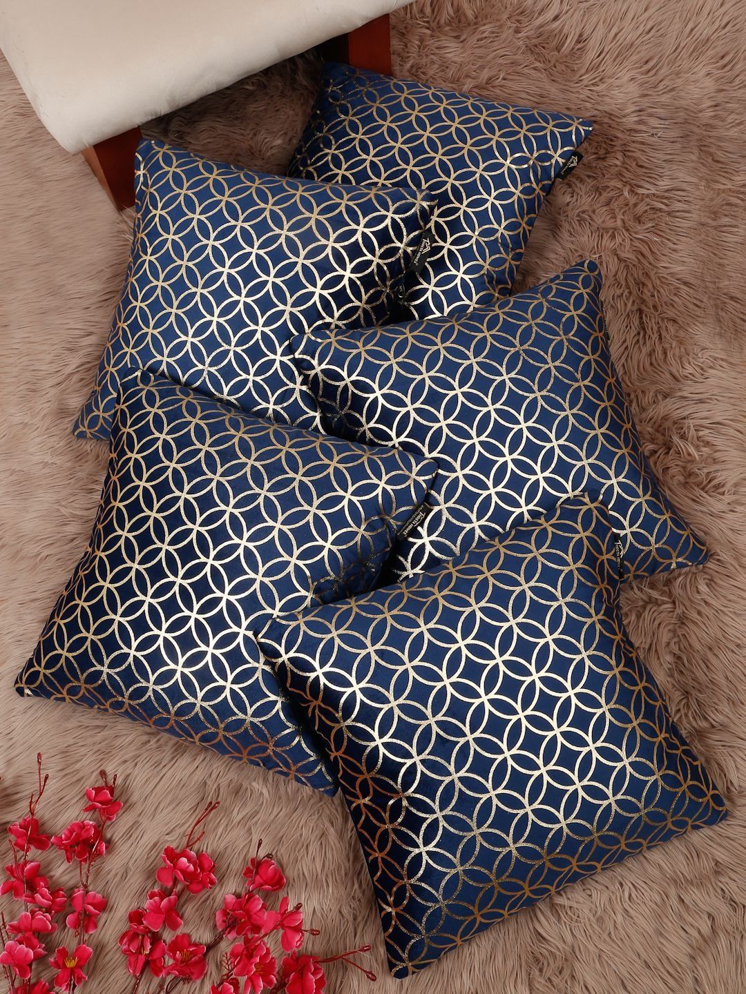 HOSTA HOMES Blue & Gold-Toned Set of 5 Geometric Velvet Square Cushion Covers-picture-40