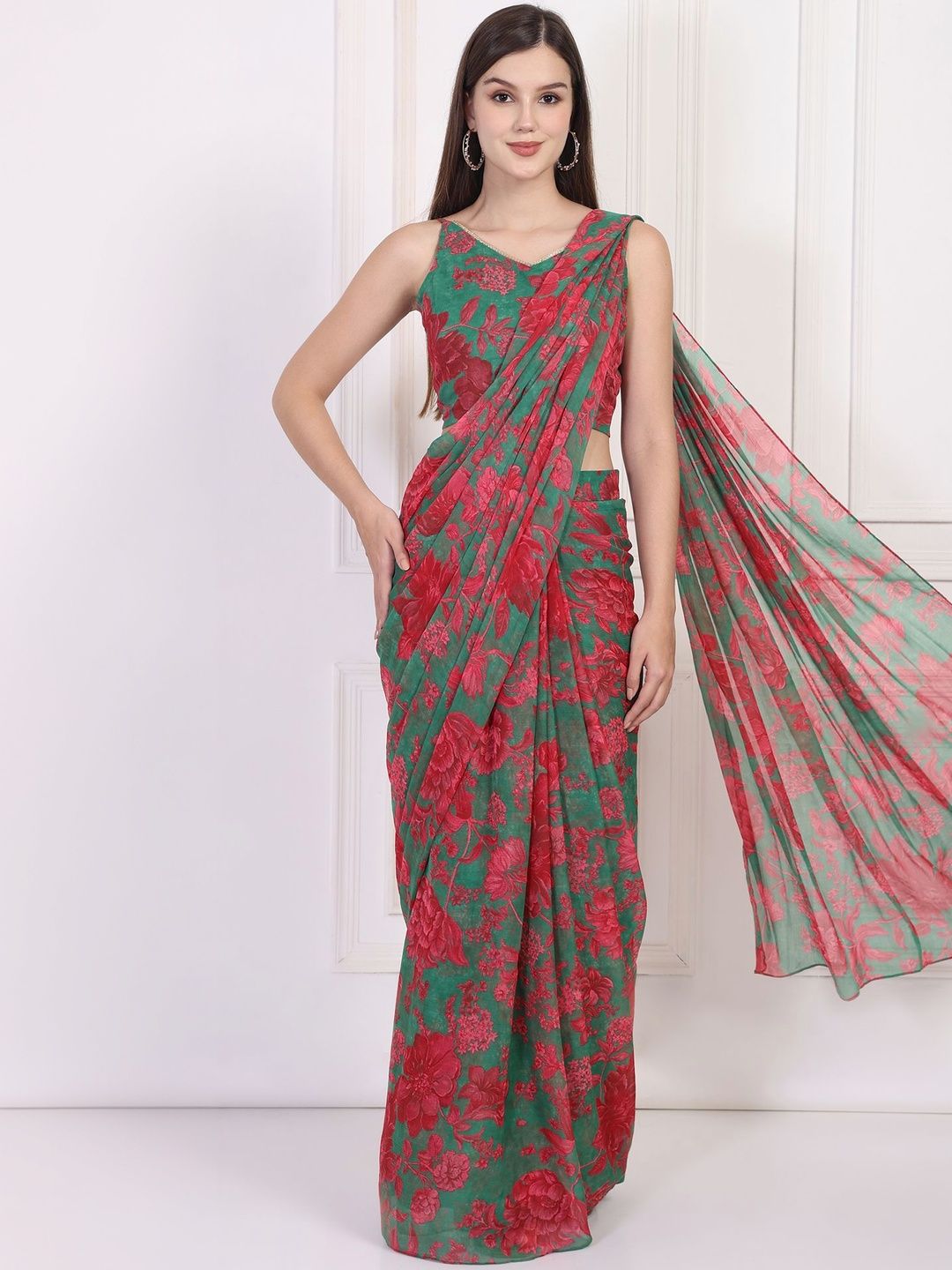 W Woman Green Floral Printed Pre-Draped Georgette Saree with Blouse-picture-46
