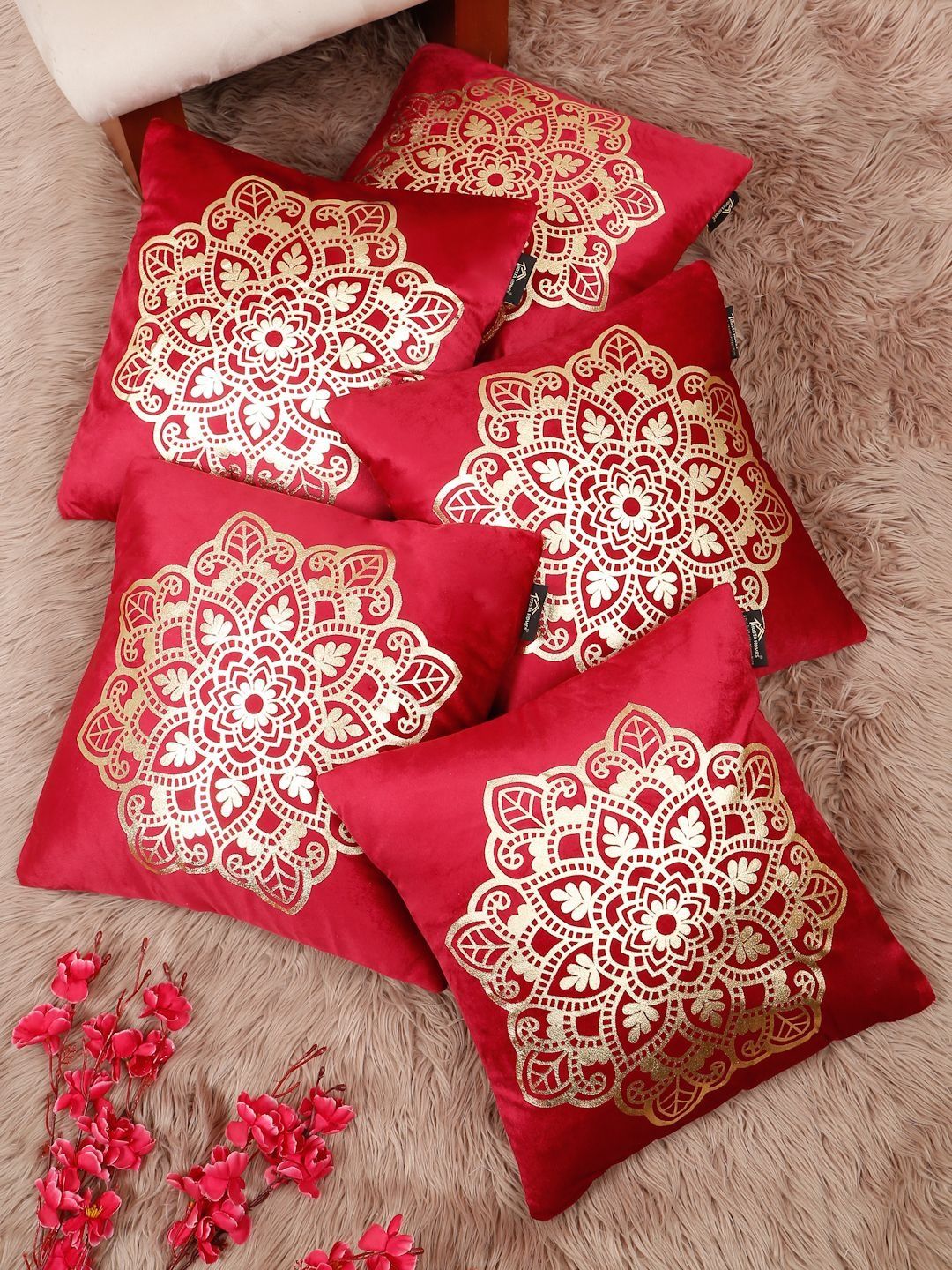 HOSTA HOMES Red & Gold-Toned Set of 5 Ethnic Motifs Velvet Square Cushion Covers-picture-17