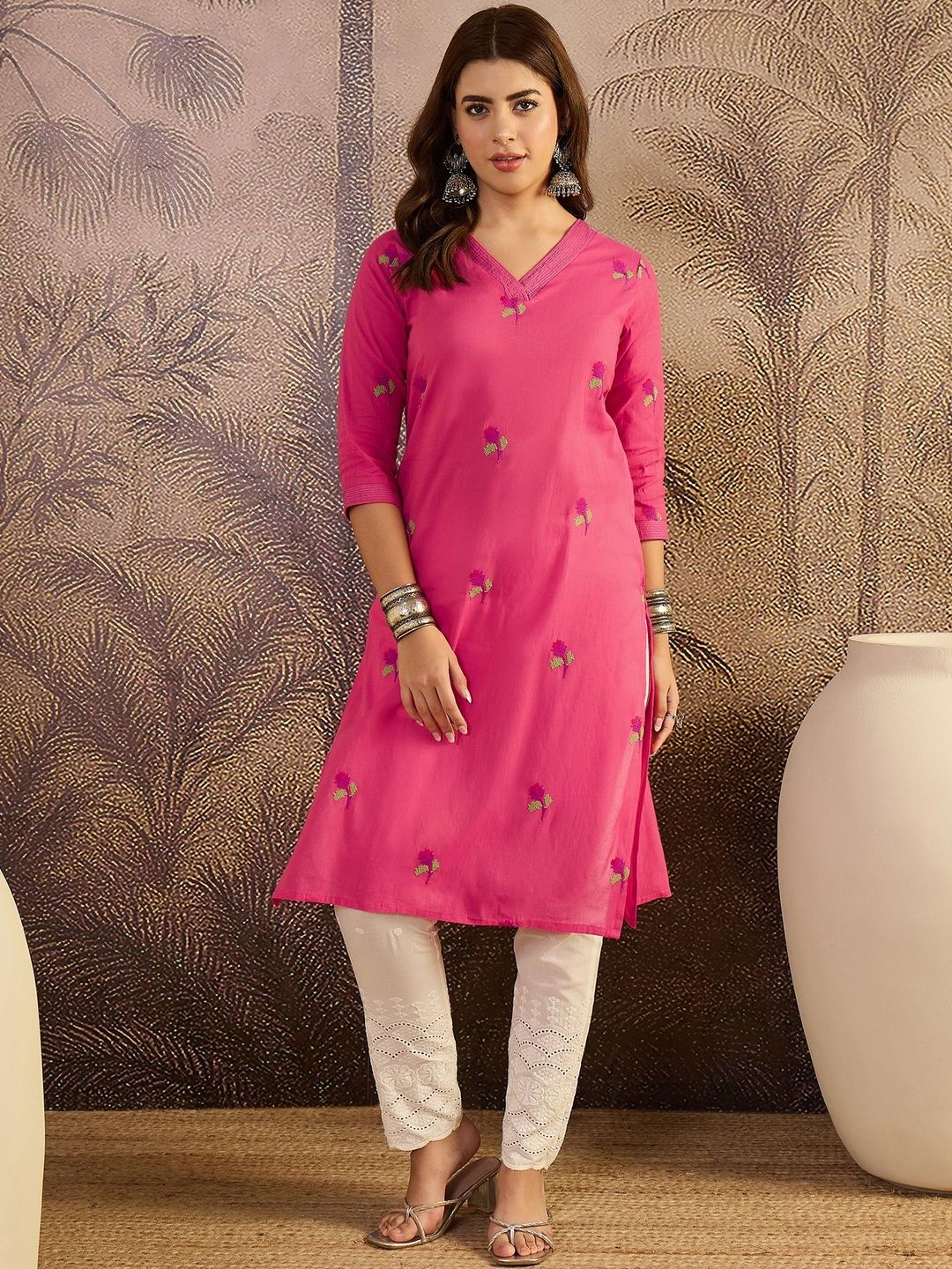 Sangria Embroidered Pure Cotton V-Neck Straight Kurta-picture-19