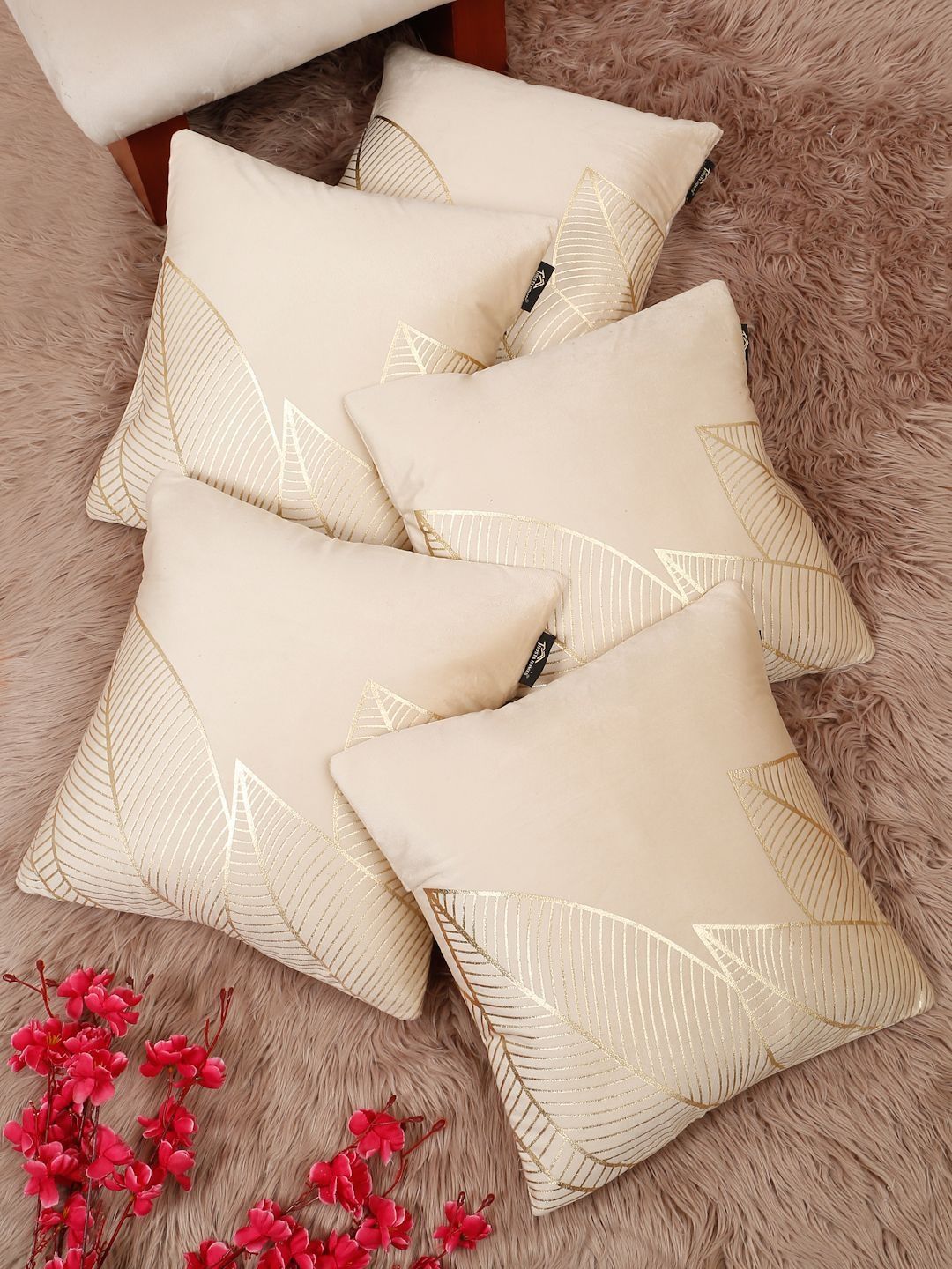 HOSTA HOMES Cream-Coloured & Gold-Toned Set of 5 Floral Velvet Square Cushion Covers-picture-29