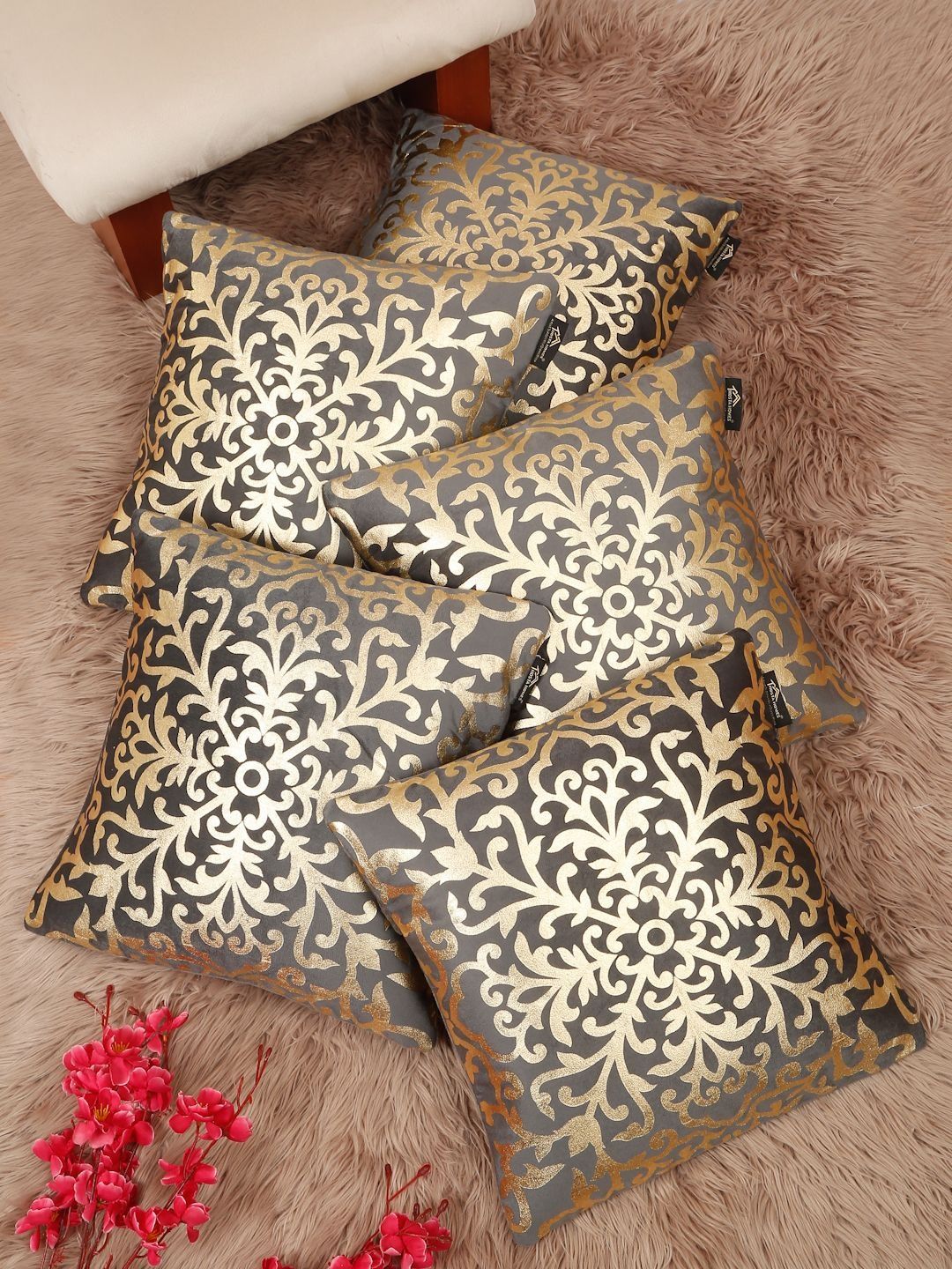 HOSTA HOMES Grey & Gold-Toned Set of 5 Ethnic Motifs Velvet Square Cushion Covers-picture-35