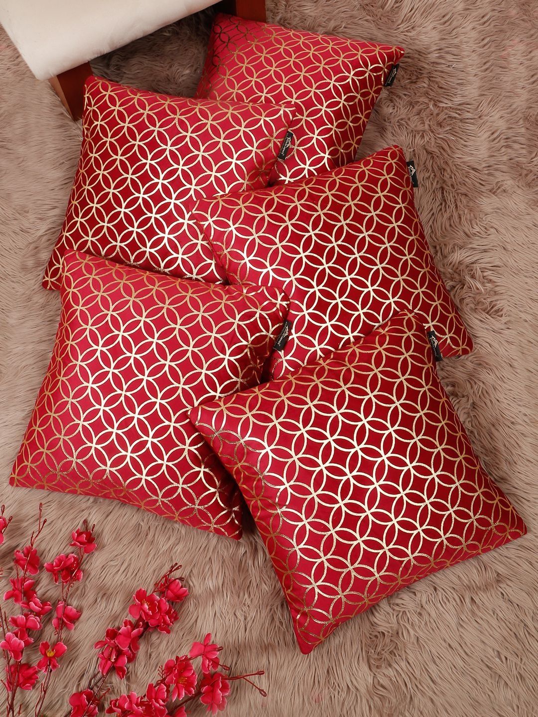 HOSTA HOMES Red & Gold-Toned Set of 5 Ethnic Motifs Velvet Square Cushion Covers-picture-16