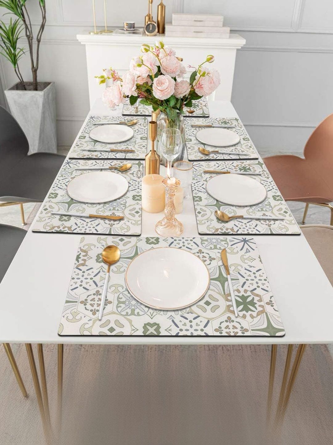 LUXEHOME INTERNATIONAL White & Green 6 Pcs Printed Non-Slip Rectangle Table Placemats-picture-48