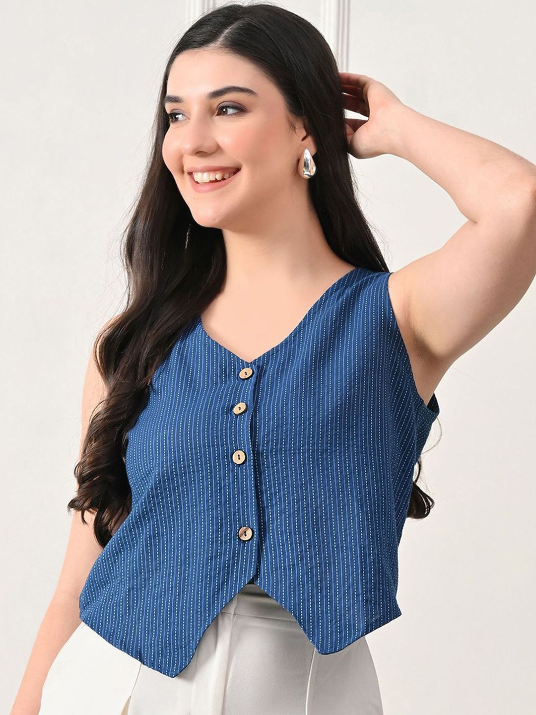 KALINI Striped Pure Cotton V-Neck Waistcoat