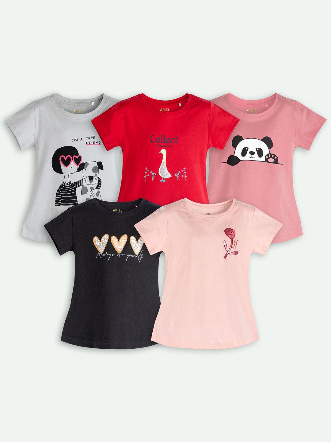 ariel Girls Pack Of 5 Graphic Printed Short Sleeves Cotton T-shirts