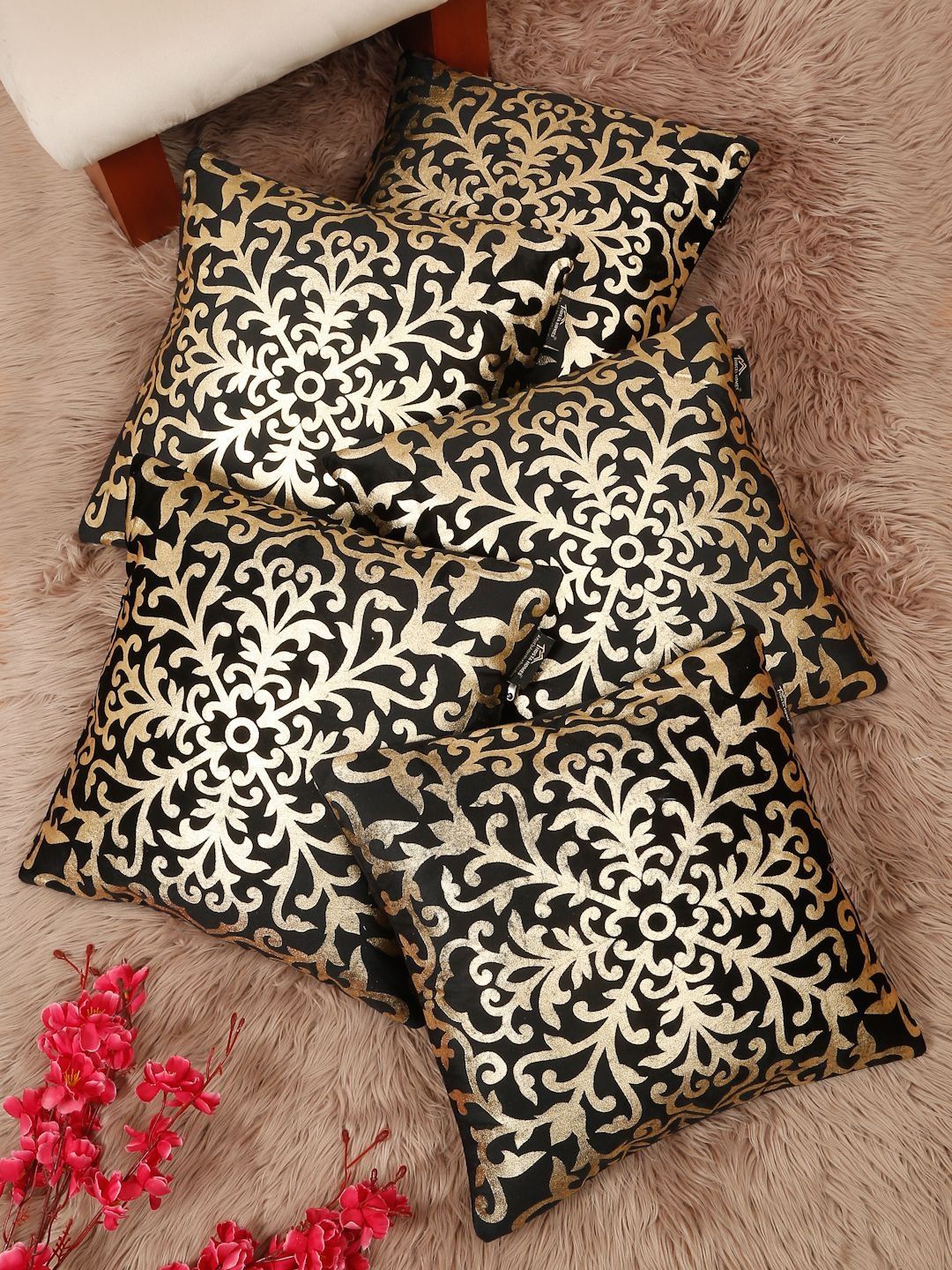 HOSTA HOMES Black & Gold-Toned Set of 5 Ethnic Motifs Velvet Square Cushion Covers-picture-36