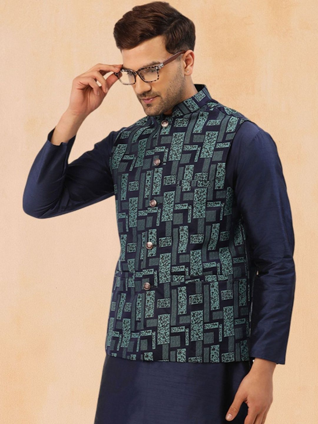 Jompers Woven Design Mandarin Collar Nehru Jacket-image-31
