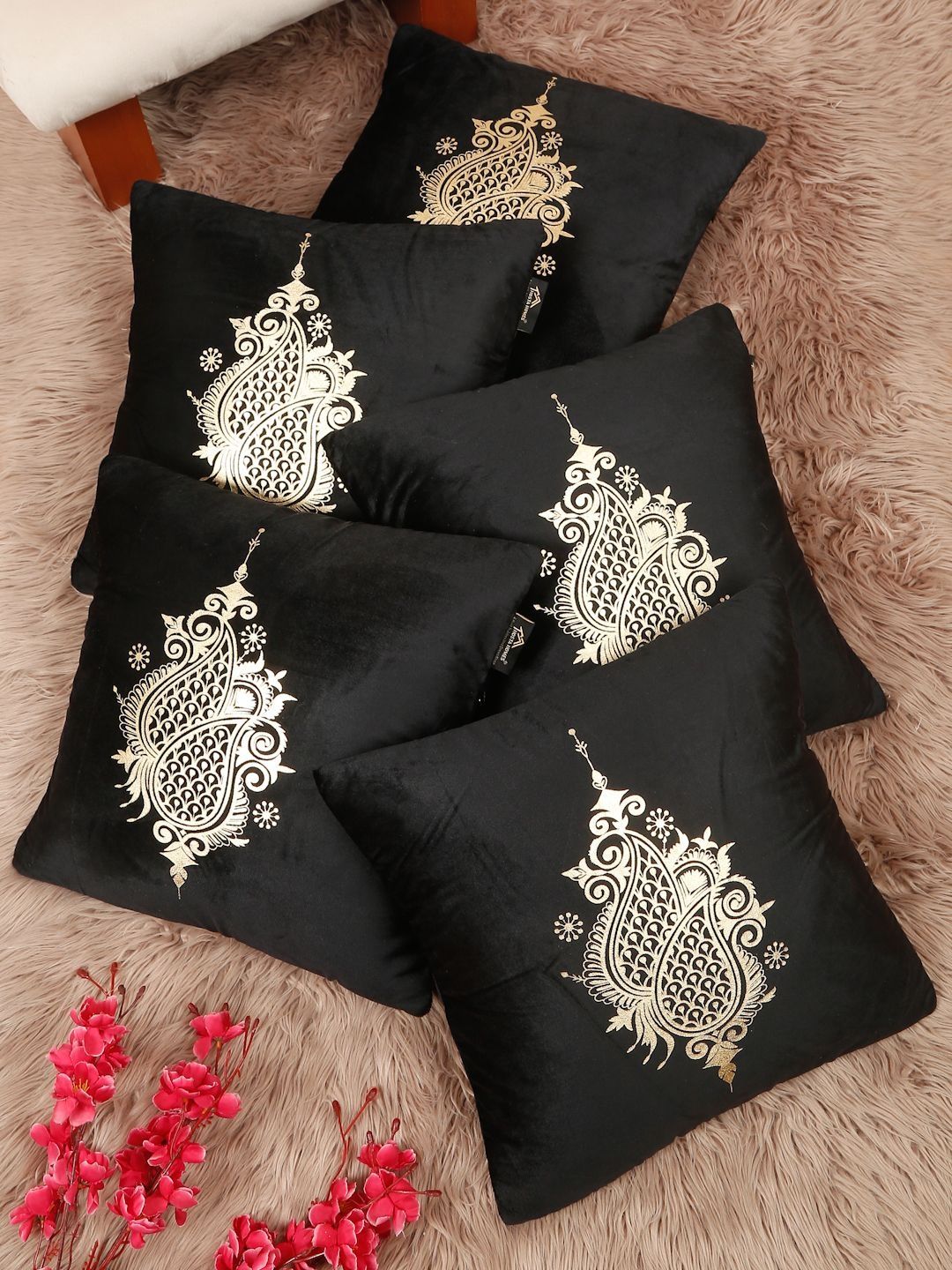 HOSTA HOMES Black & Gold-Toned Set of 5 Ethnic Motifs Velvet Square Cushion Covers-picture-21