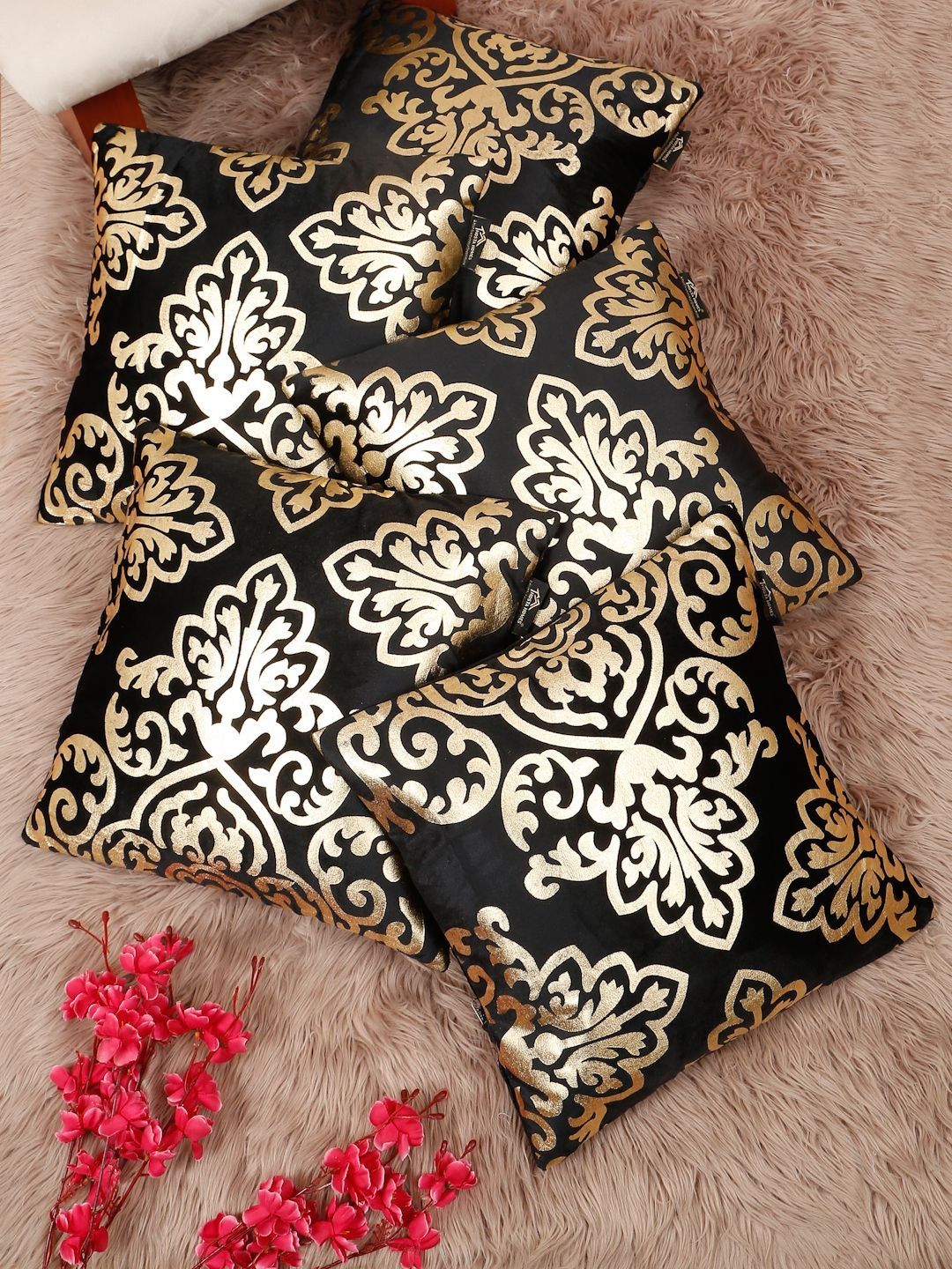 HOSTA HOMES Black & Gold-Toned Set of 5 Ethnic Motifs Velvet Square Cushion Covers-picture-15