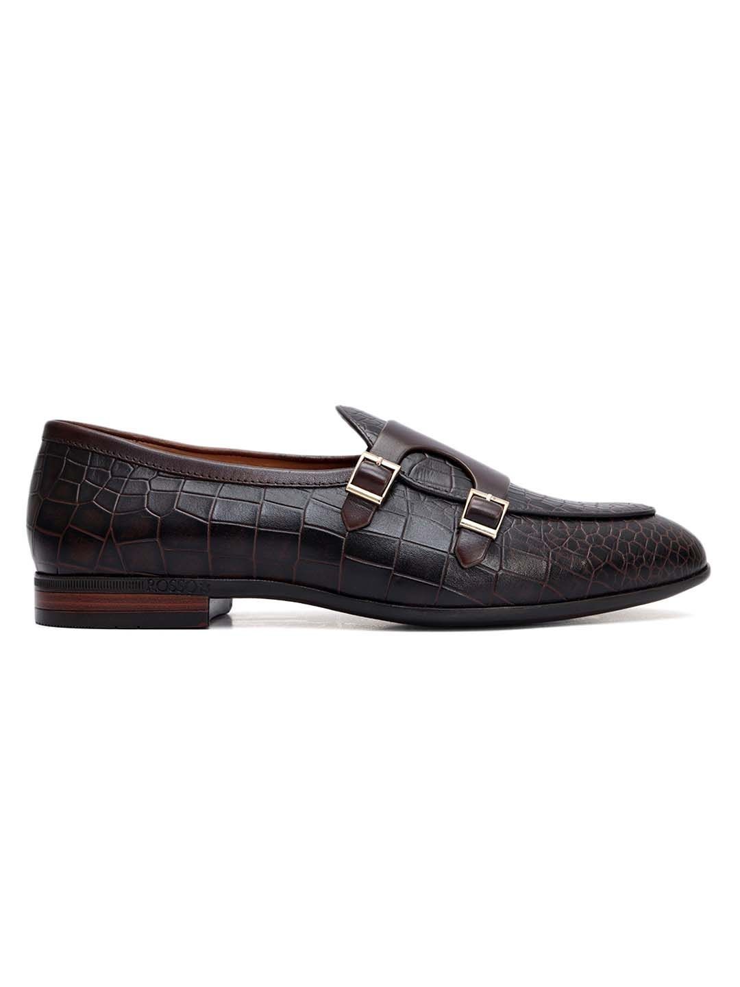ROSSO BRUNELLO Men Textured Leather Formal Loafers with Buckles