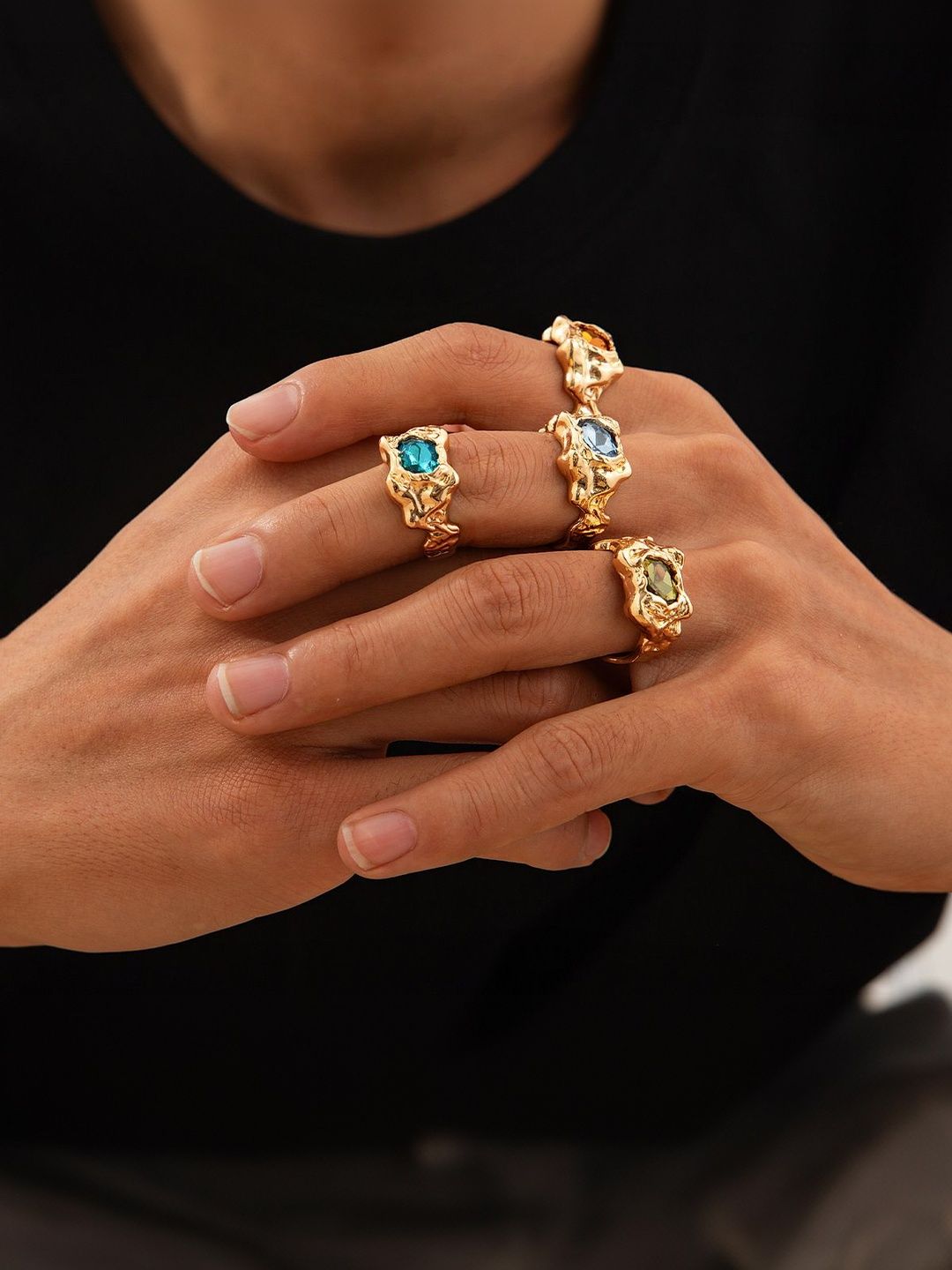 StyleCast x Revolte Men Set Of 4 Gold-Plated Stone-Studded Finger Ring-picture-10