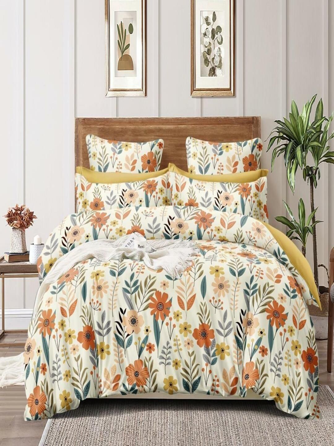 Myntra Elegant Homes Cream-Coloured & Red Floral 4 Pieces Double Queen Bedding Set-picture-55
