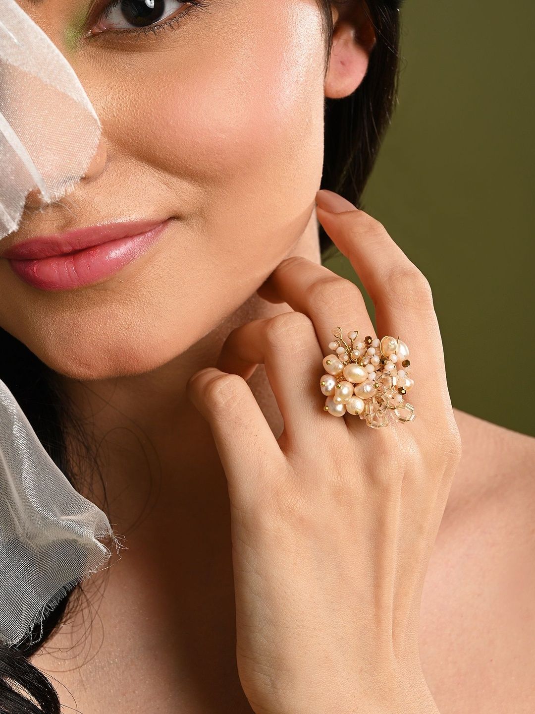 D'oro Gold-Plated Crystals-Studded & Beaded Adjustable Finger Ring-picture-21