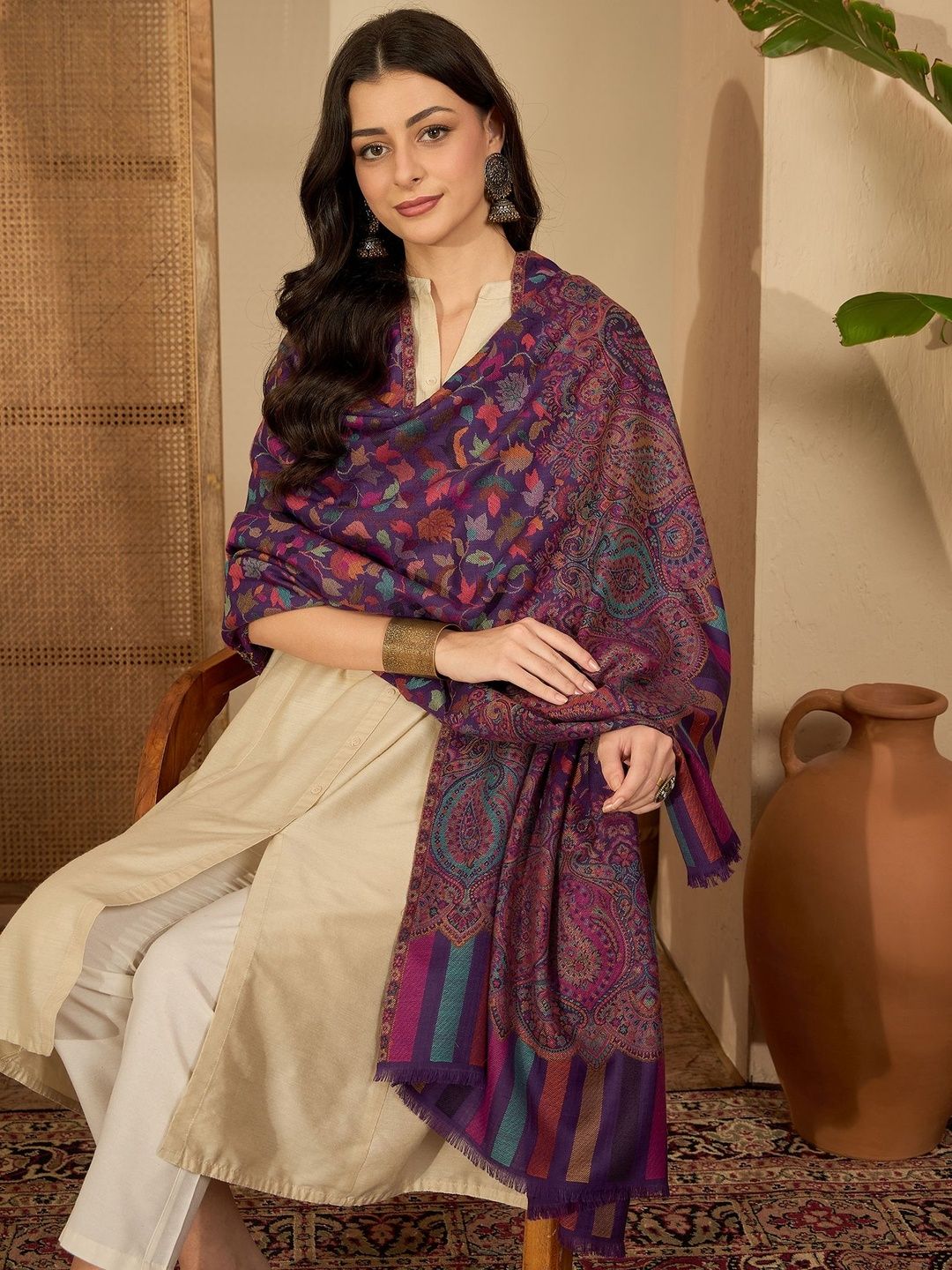 Sangria Women Floral Woven Design Shawl-picture-35