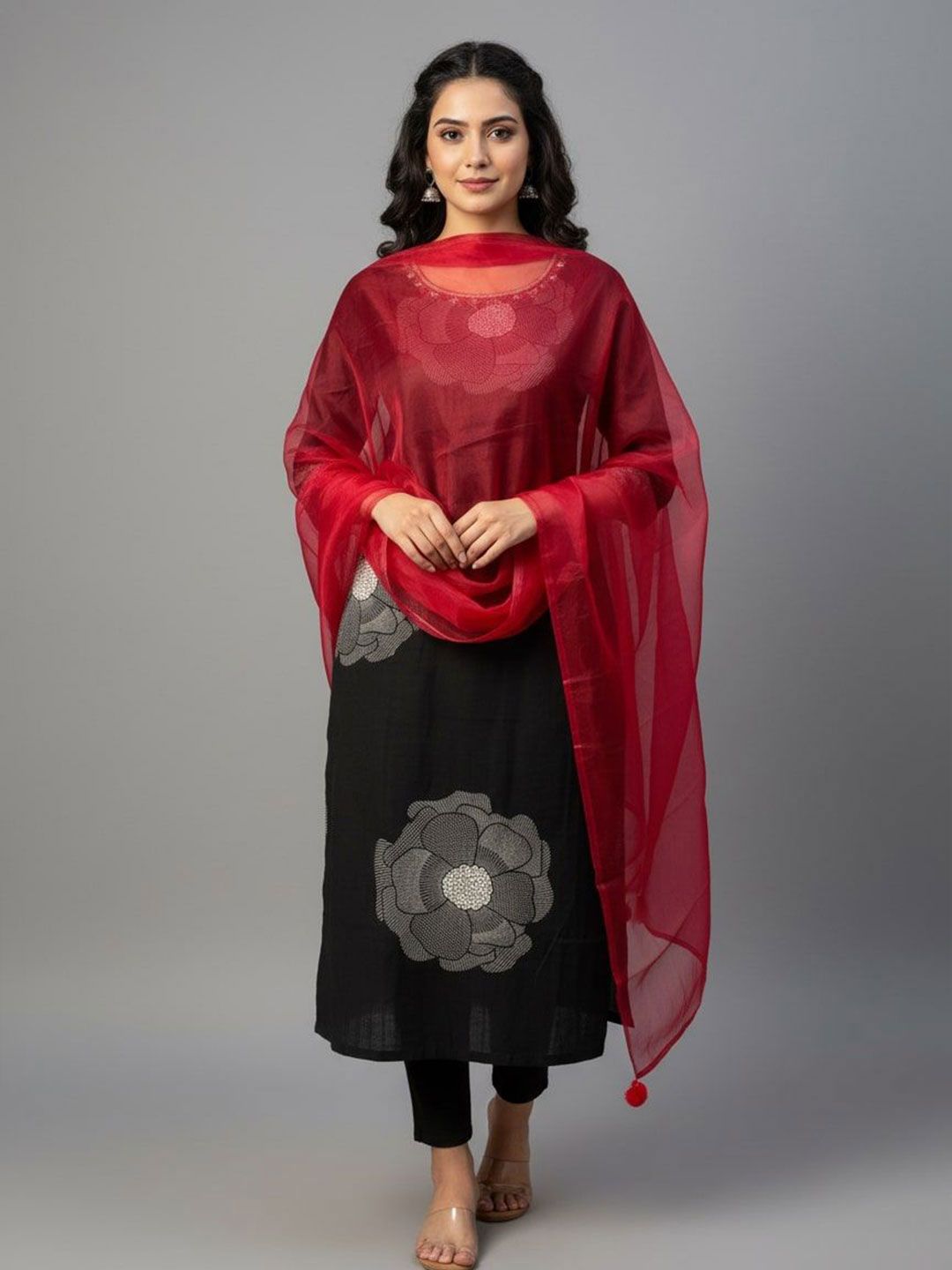 Sangria Women Floral Printed Pom Pom-Detail Ethnic Dupatta