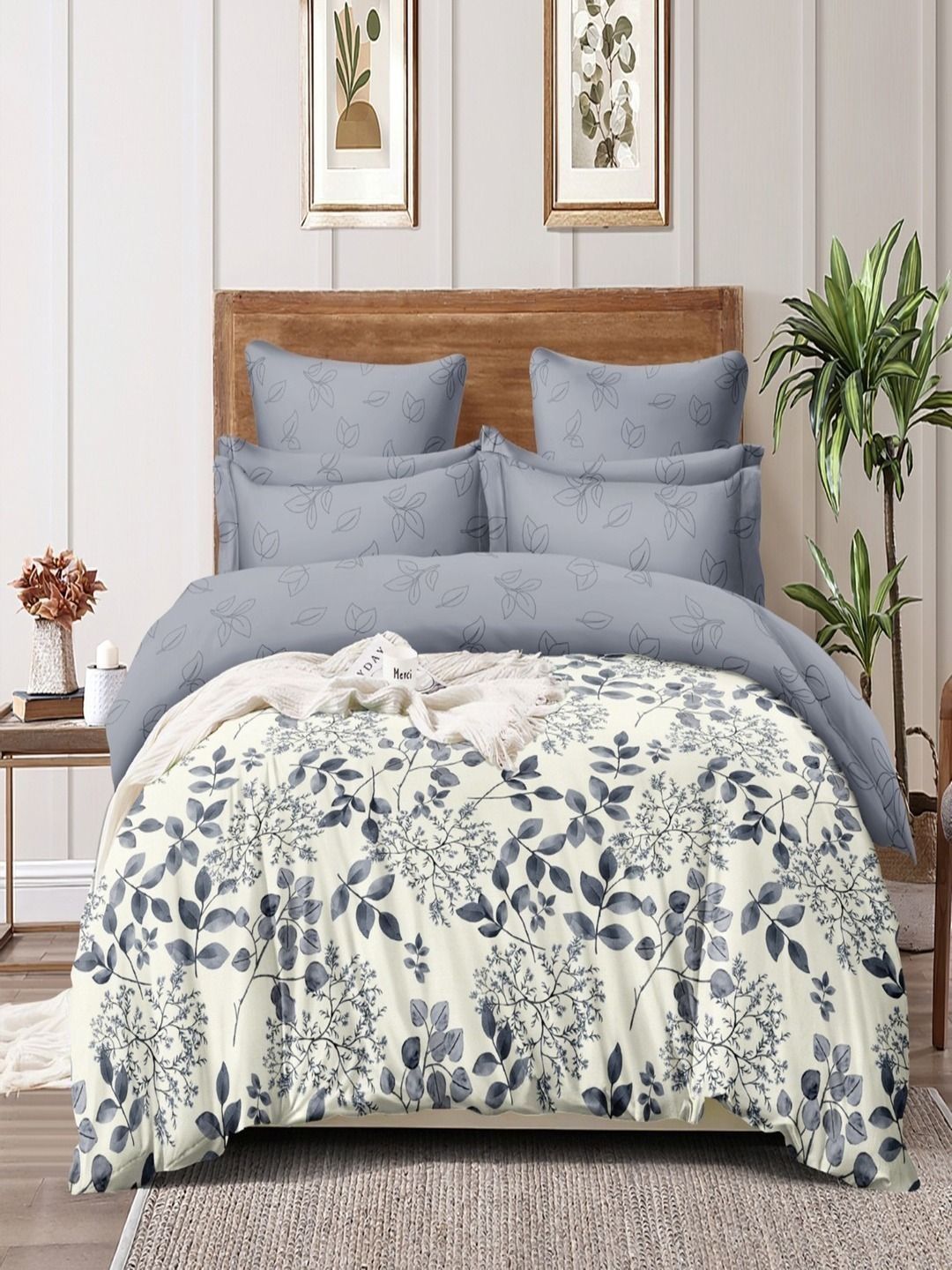 Myntra Elegant Homes Grey & White Floral 4 Pieces Double Queen Bedding Set-image-27