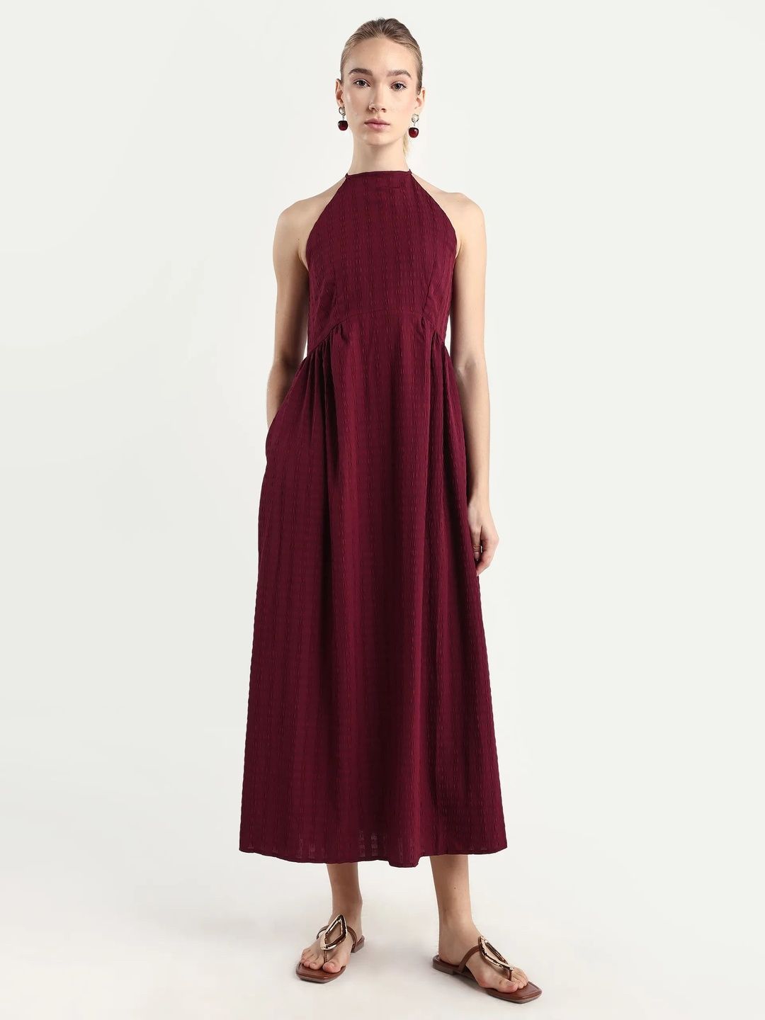 RAREISM Women Maroon Fit And Flare Fit Sleeveless Halter Neck Dress-image-42