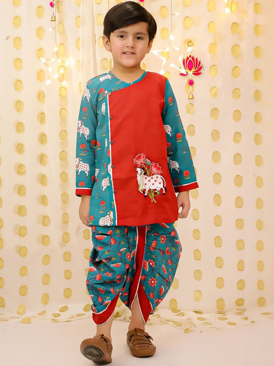 BownBee Boys Ethnic Motifs Printed Angrakha Pure Cotton Kurta with Dhoti Pants-picture-38