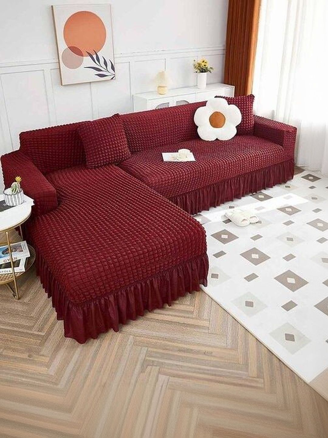 TONY STARK Red Solid Polycotton 2 Piece Sofa Cover With Arms-image-24