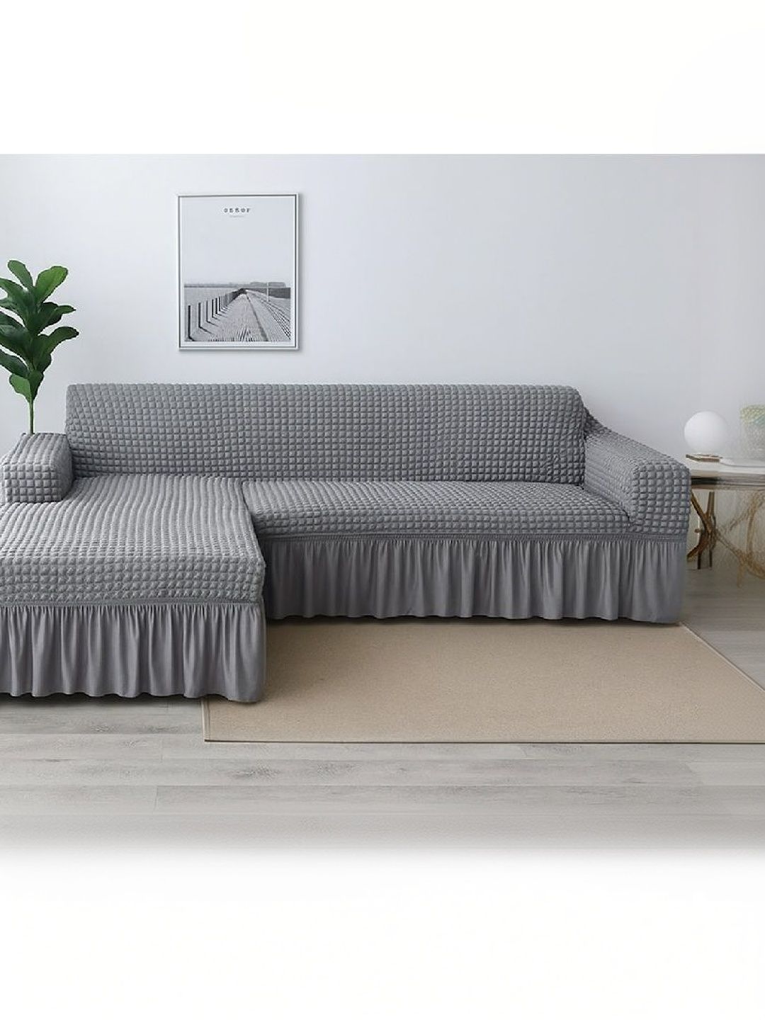 TONY STARK Grey Solid Polycotton 2 Piece Sofa Cover With Arms