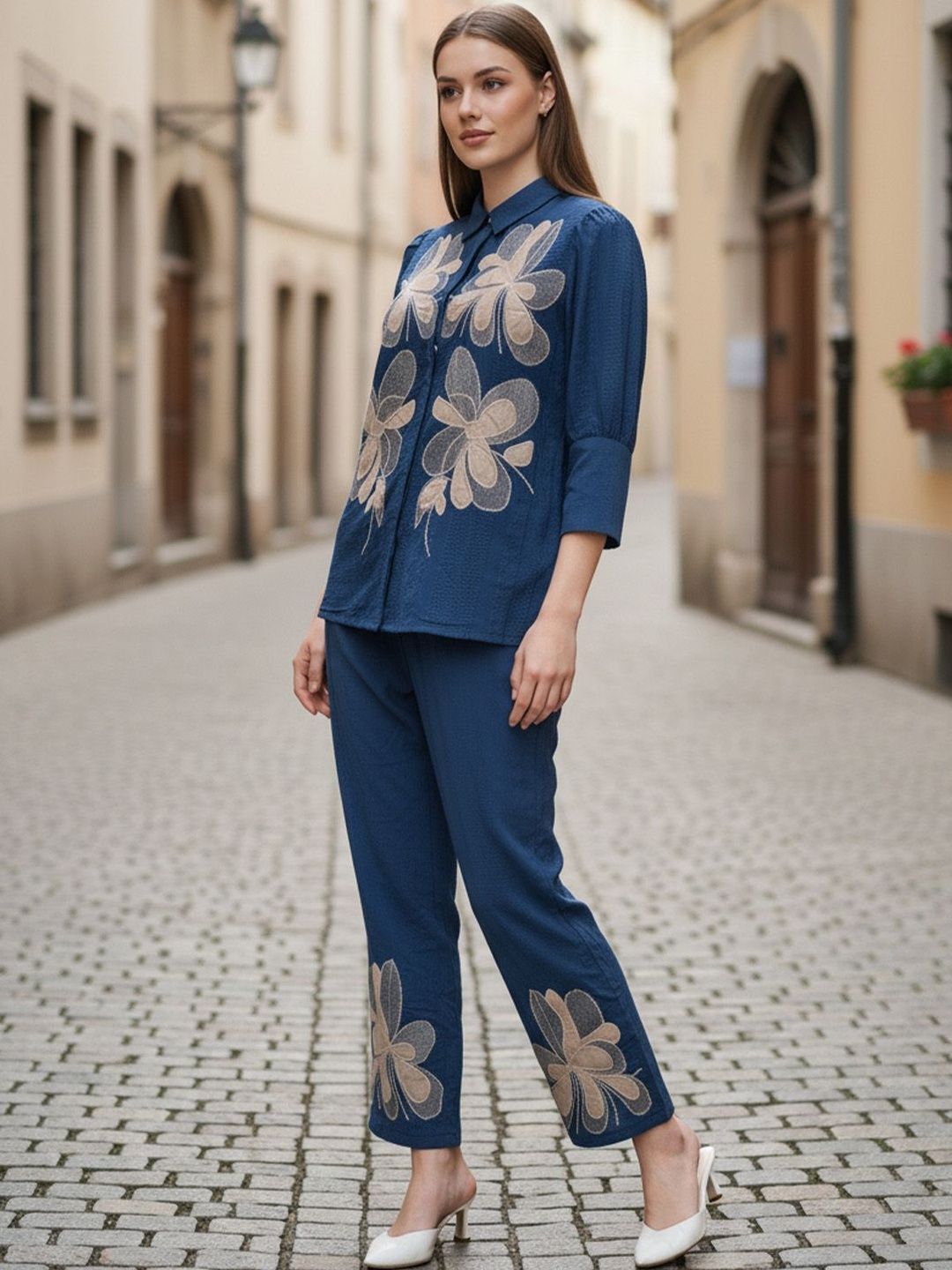 ZUMMER Floral Embroidered Pure Cotton Shirt Collar Shirt With Trousers Co-Ords-picture-31