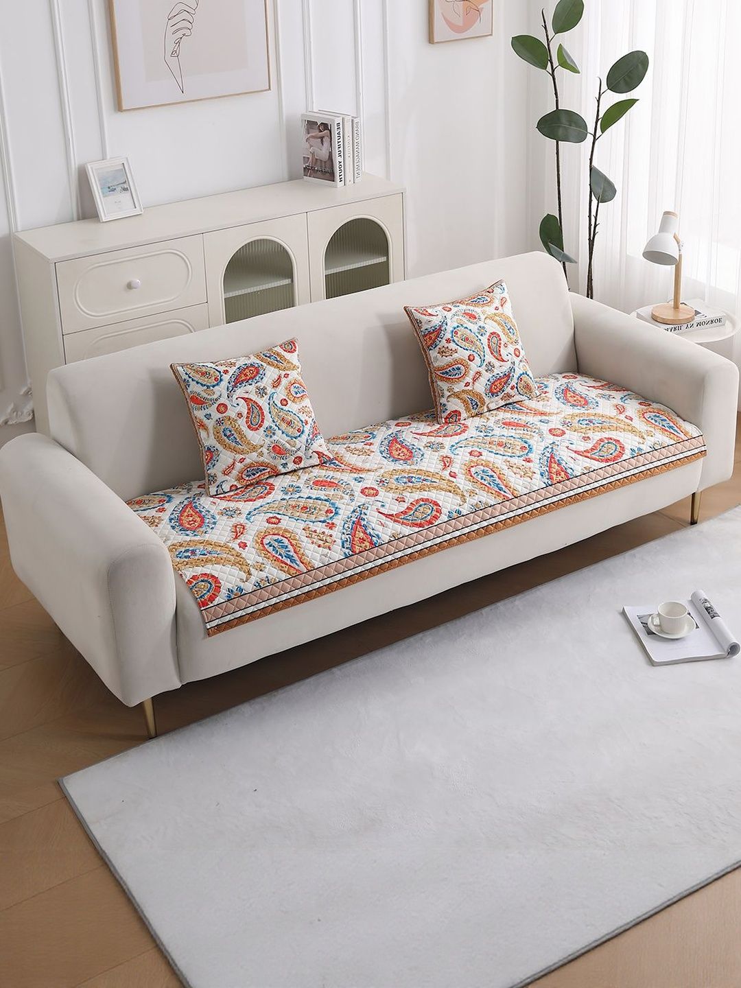 HOKIPO LiefNest White & Blue Printed Velvet Sofa Mat for 1 Seater with Foam Filling-picture-21