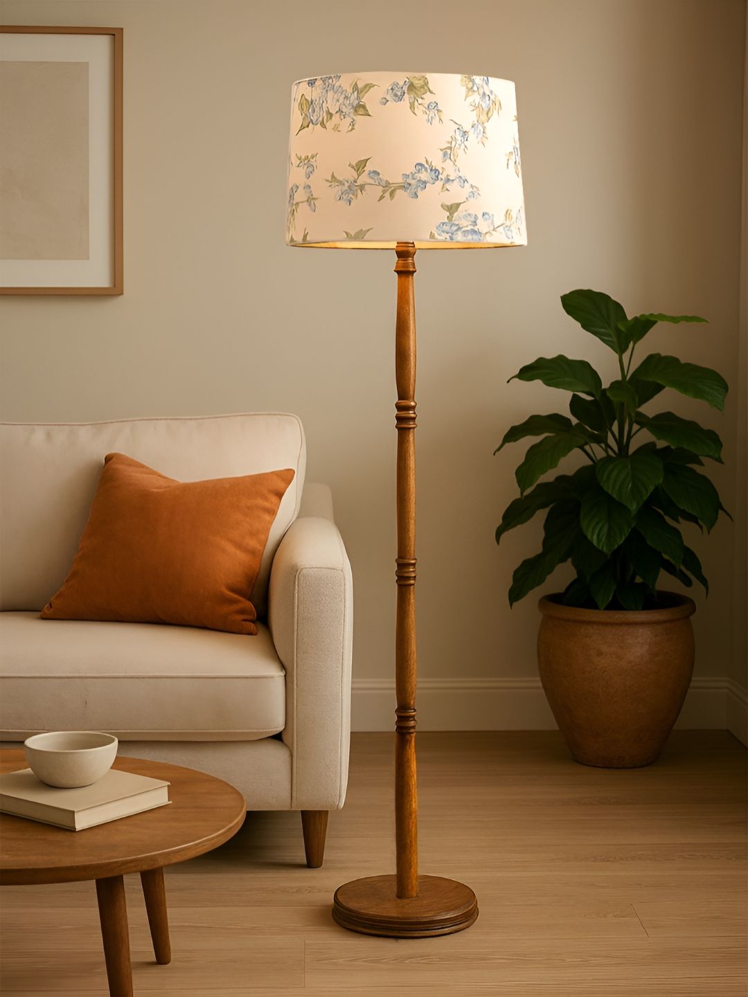 Decorcity Brown & Blue Printed Wooden Cylinder Shaped Floor Lamp-image-47