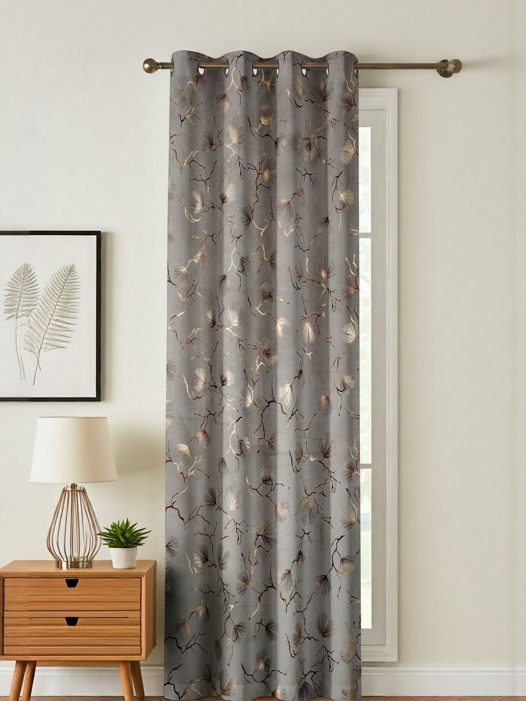 GEET CREATIONS Grey & Gold-Toned Floral Printed Room Darkening Velvet Window Curtain-picture-16