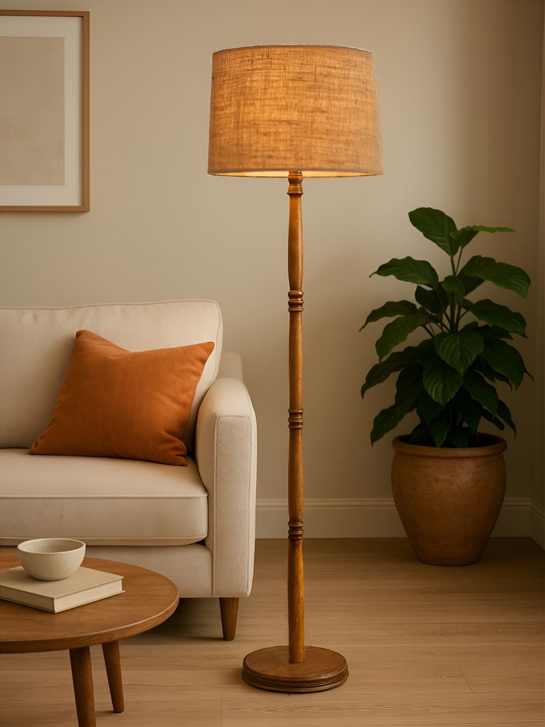 Decorcity Brown & Beige Frustum Self Assembly Wooden Floor Lamp