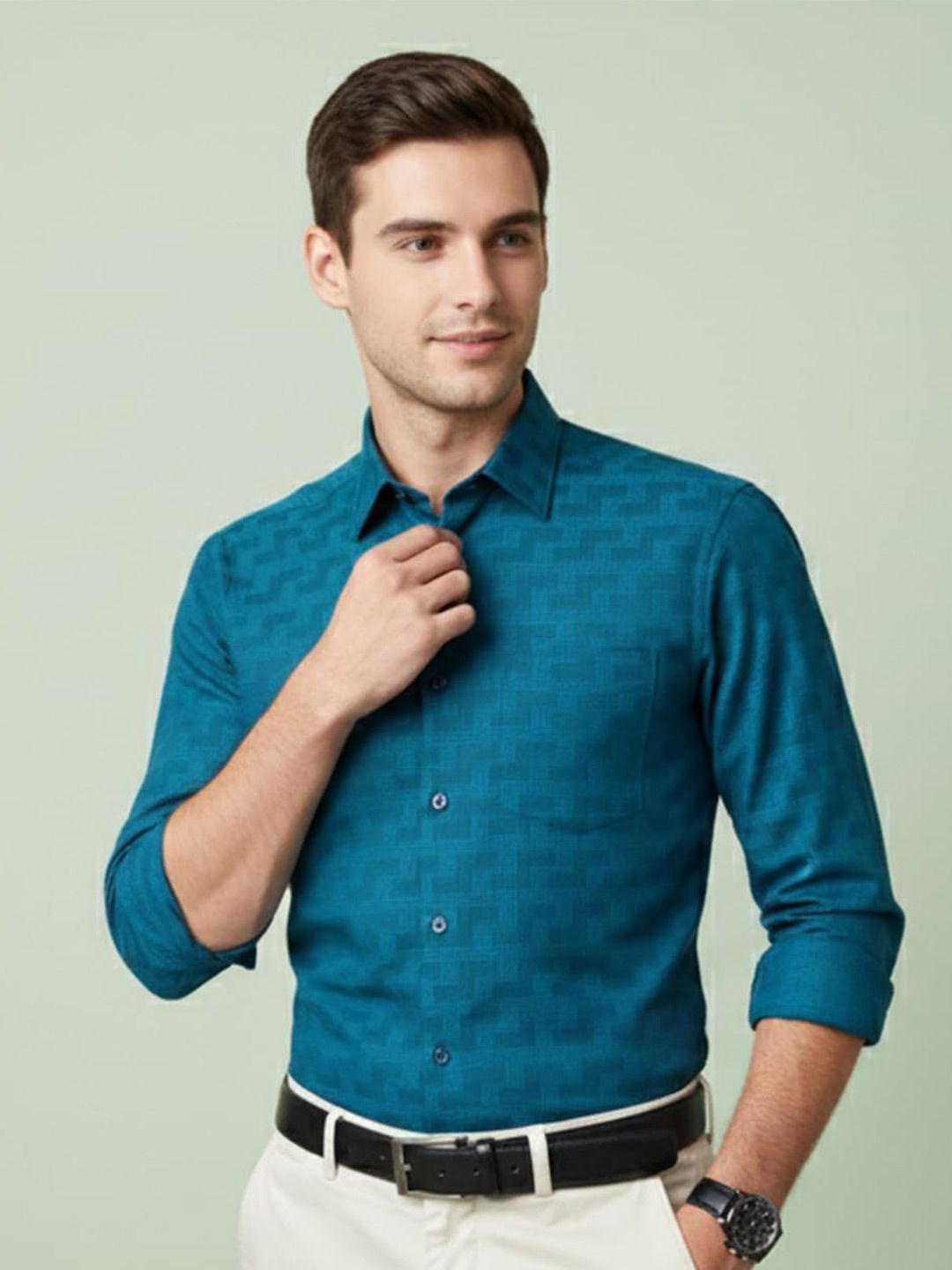 Yugnik Men Smart Slim Fit Textured Spread Collar Cotton Formal Shirt-image-16