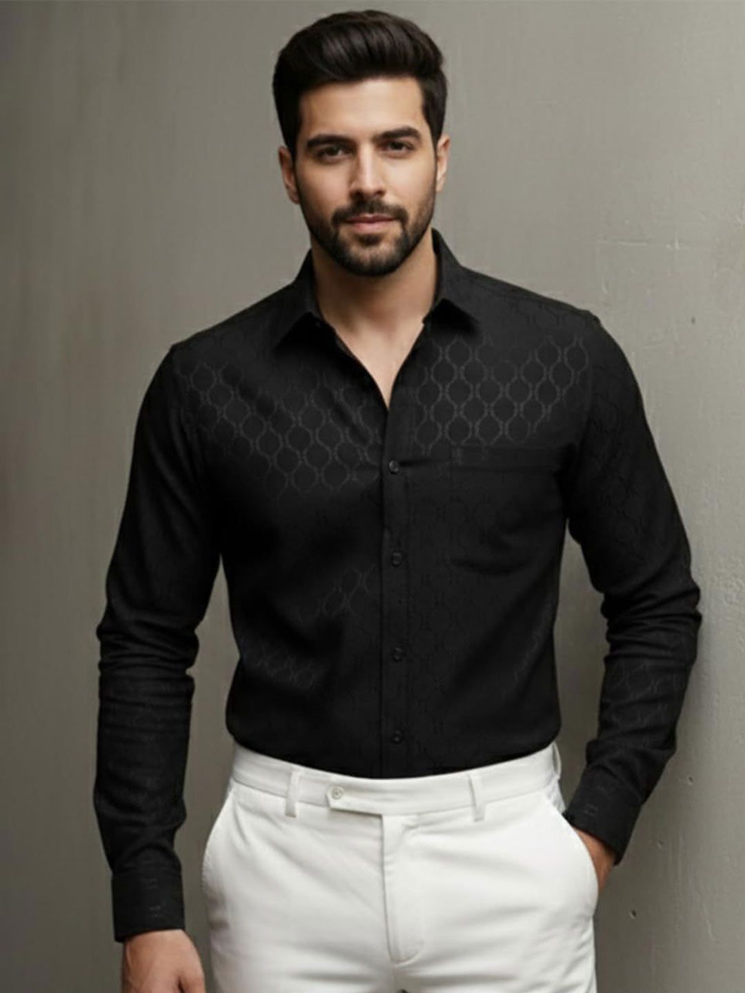 Yugnik Men Smart Slim Fit Textured Spread Collar Cotton Formal Shirt-image-35