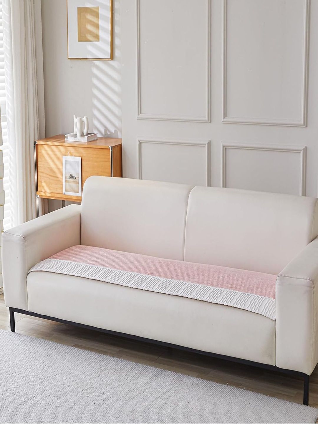 HOUSE OF QUIRK Peach-Coloured & White Solid Velvet 5 Seater Sofa Mat-image-19