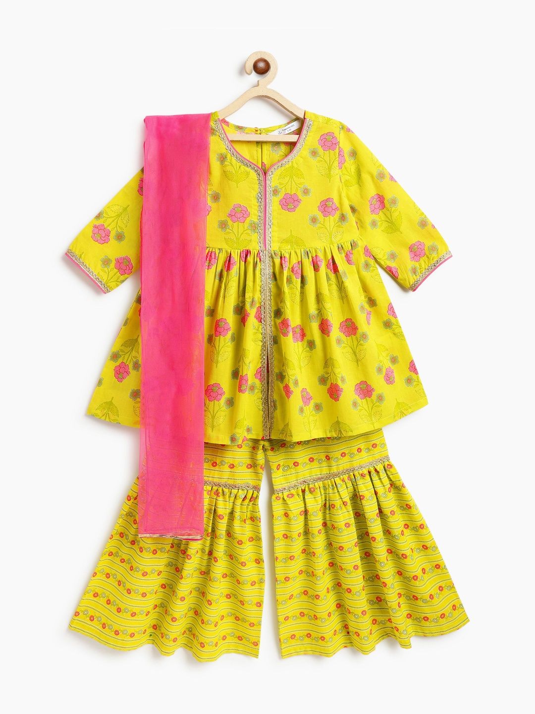 Campana Girls Floral Printed V-Neck Empire Pure Cotton A-Line Kurta With Sharara & Dupatta-picture-36