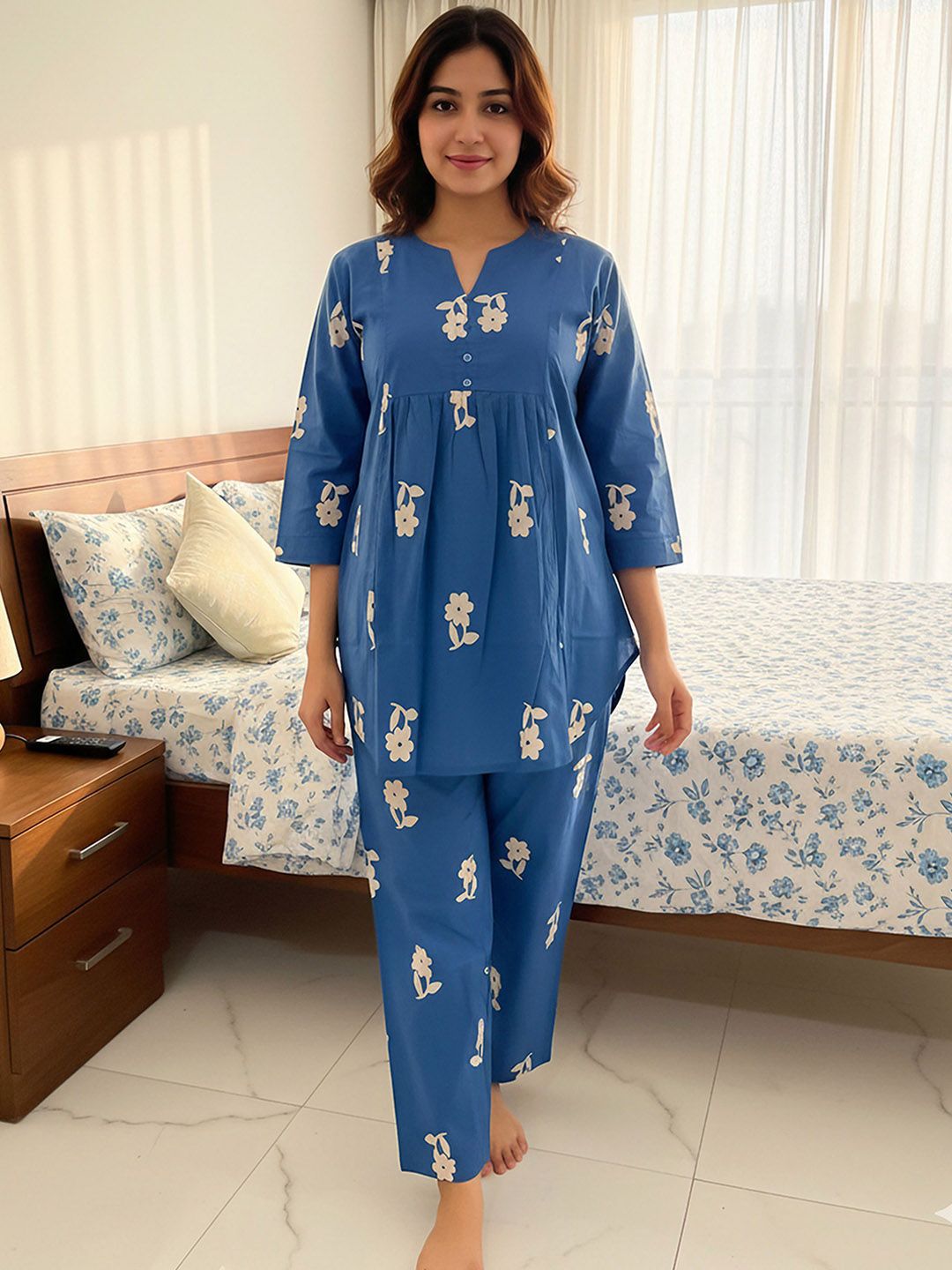 Zeyo Floral Printed Three-Quarter Sleeves Pure Cotton Kurti With Pyjama-picture-23