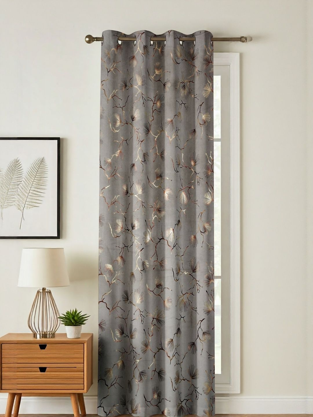 GEET CREATIONS Grey & Gold Botanical Room Darkening Door Curtain-image-38