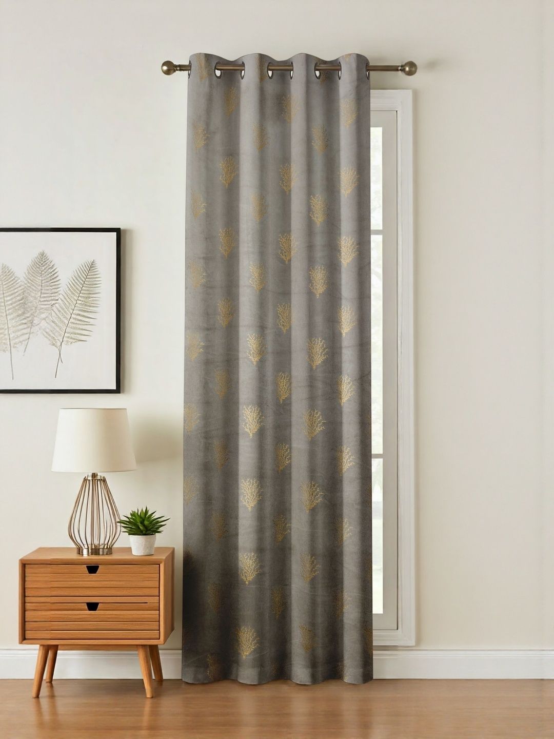 GEET CREATIONS Grey & Gold-Toned Floral Room Darkening Window Eyelet Velvet Curtain-picture-40