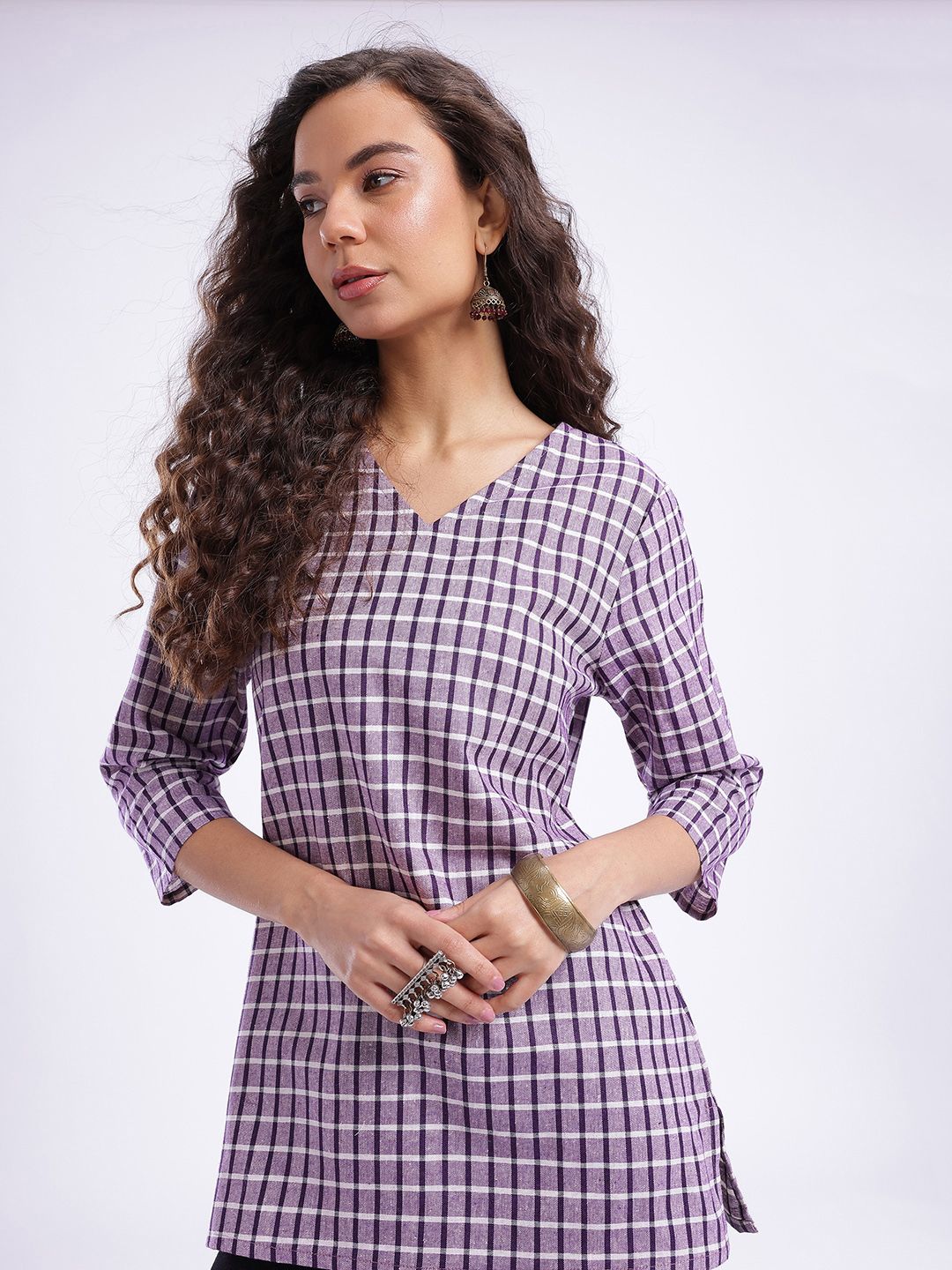 Anouk Rustic Checked V-Neck Straight Kurti-picture-52
